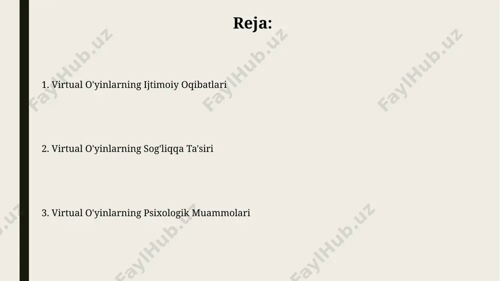 yishiga olib keladi, bu esa ijtimoiy hayotdan butunlay chetlashishga olib kelishi mumkin. virtual oʻyinlarga haddan tashqari berilish 15-25 yoshdagi yoshlar orasida ijtimoiy izolyatsiyaning 30% ga oʻsishini keltirib chiqarishi mumkin, bu esa real hayotdagi munosabatlarning pasayishiga olib keladi. depressiya va xavotir o'yinda mag'lubiyatlar yoki muvaffaqiyatsizliklar hissi, o'yinchining o'ziga bo'lgan ishonchini pasaytirib, o'z-o'zini qadrlash tuyg'usini buzadi va xavotir va depressiv buzilishlarga olib kelishi mumkin. virtual o'yinlardagi haddan tashqari vaqt sarflash depressiya va xavotirlilik xavfini 30% ga oshirishi mumkin, ijtimoiy aloqalarni kamaytirish va real hayotdagi maqsadlarga erishishga bo'lgan qiziqishni yo'qotish bilan bog'liq. orqa, bo'yin va qo'l og'rig'i bo'yin osteoxondrozi va skolioz kabi mavjud muammolar virtual o'yinlar tufayli 25% gacha kuchayishi mumkin, chunki uzoq vaqt davomida noto'g'ri holatda o'tirish umurtqa pog'onasiga salbiy ta'sir ko'rsatadi. orqa, bo'yin va qo'l og'rig'ining 30% gacha kuchayishi virtual o'yinlarda 2-3 soatdan ortiq vaqt o'tkazgan foydalanuvchilarda kuzatilgan, bu esa noto'g'ri holat tufayli yuzaga keladi. virtual o'yinlarning sog'liqqa ta'siri o'yinlardagi zo'ravonlik …