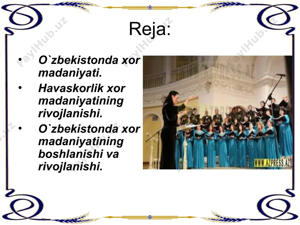 ar xor ijrochiligining rivojlanishda konservatoriya dotsentlari kenzer, valenkov, vasil’eva, o`zbekistonda xizmat ko`rsatgan artist sh. yormatovlarning xizmatlari katta «boychechak», «bulbulcha» guruxlari juda ko`plab o`zbek xor asalarini ijro etib kelmoqdalar. respublikamizda 100lab ashula va raqs ansambllari mavjud, ularni qoshida xor-vokal guruxi tuzilgan. masalan: «anor», «gulrux», «chust taronalari», «shirin», «roxat», «shalola» xor tarkibida 15-20 kishi mavjud. ular lapar, yalla. yor-yor qo`shiqlarini ikki-uch ovozda ijro etishadi. o`zbek ko`p ovozli xor asarlariga o`zlarining salmoqli hissalarini qo`shib kelgan. professional xor san`atining rivojlanishi o`zbekistonda professional xor san`atining eng kech rivojlana boshlagan san`at turlaridan biridir. buning uchun zarur shart-sharoitlar yo`q edi. xor san`atini amalda rivojlantirish uchun musiqa o`quv yurtlari ochish, malakali xormeysterlar, bastakorlar tayyorlash kerak edi. shunday muhim masalalarni bajarilishida bir qator rus musiqa san`ati arboblari v. uspenskiy, e. romanovskaya, n. mironov, r. glier, s. vasil’enko, a. kozlovskiy va bir qator o`zbek professional musiqachilarining hissasi katta. professional xor ijodi va ijrochiligining oddiy formalari musiqali dramalarda uchraydi. ikki epizodik …