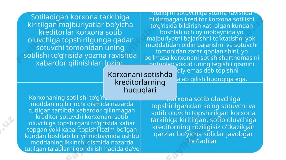 a ijaraga berish huquqiga ega d bunday boyliklarga nisbatan ijara shartnomasi bo‘yicha o‘z huquq va majburiyatlarini boshqa shaxslarga o‘tkazishga haqli. korxonani ijaraga olish shartnomasida boshqacha tartib nazarda tutilgan bo‘lmasa, korxonani ijaraga oluvchi ijaraga beruvchining ruxsatidan qat’i nazar, ijaraga olingan mol-mulkni ajratib bo‘lmaydigan tarzda yaxshilash qiymatini olishga haqli. ijarachining korxonani yaxshilashi agar ijaraga beruvchi ijaraga oluvchining bunday yaxshilashga qilgan xarajatlari ijaraga olingan mol-mulkning qiymatini uning sifati va (yoki) undan foydalanish xususiyatlarini yaxshilashga qaraganda beqiyos darajada oshirib yuborganligini yoki bunday yaxshilashni amalga oshirish vaqtida halollik va oqilonalik tamoyillari buzilganligini isbotlasa, sud uni bunday yaxshilash haqini ijaraga oluvchiga to‘lash majburiyatidan ozod qilishi mumkin. korxonani ijaraga berish shartnomasining haqiqiy emasligi aynan o’sha shartnomaga ko’ra belgilanadi. korxonani ijaraga berish shartnomasining bekor bo’lishi ushbu shartnomaga asoslanadi korxonani ijaraga berish shartnomasi bekor bo‘lganida korxona kompleksi ham qaytariladi e’tiboringgiz uchun tashakkur! image2.jpg image3.jpeg /docprops/thumbnail.jpeg