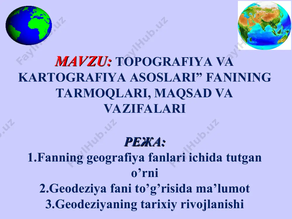 adida katta hududlarda olib boriladigan o’lchash ishlari va ularni tashkil qilish bilan shug’ullanadi. kosmik geodeziya — oliy geodeziyaga doir ilmiy masalalarni yer suniy yo’ldoshlarini, oy, planetalar va turli kosmik uchish appa­rat­larini kuzatish orqali yechish yo’llarini o’rganadi. geodeziya fani – geografiya, astranomiya, topografiya va kartografiya, geofizika va boshqa fanlar bilan uzviy bog’langan. () sirtki ta'lim geodeziya fani ham boshqa fanlar qatori hayotiy talablar aso­sida vujudga kelgan va ishlab chiqarish kuchlarining taraqqiy eti­shi bilan rivojlanib borgan. qadimiy misr, mesopotamiya, hindiston, xitoy, gretsiya, o’rta osiyo va boshqa mamlakatlar xalq­lari o’z ehtiyojlari uchun yechishda geodezik o’lchash ishlaridan foyda­lan­gan. 3.geodeziyaning tarixiy rivojlanishi () sirtki ta'lim miloddan vii-vi asr ilgari hozirgi iroq janubida yashagan xol­deylar yerni shar deb faraz qilib, uning radiusi (r) uzunligini hisob­lab chiqadi. miloddan vi asr avval pifagor yerni shar shak­lida deb aytgan va ix asrda bag’dodda „hikmat uyi“ nomli ilmiy markaz tashkil topgan. unda o’rta osiyolik “surati-al-arz” (“yer surati”) nomli asar muallifi …