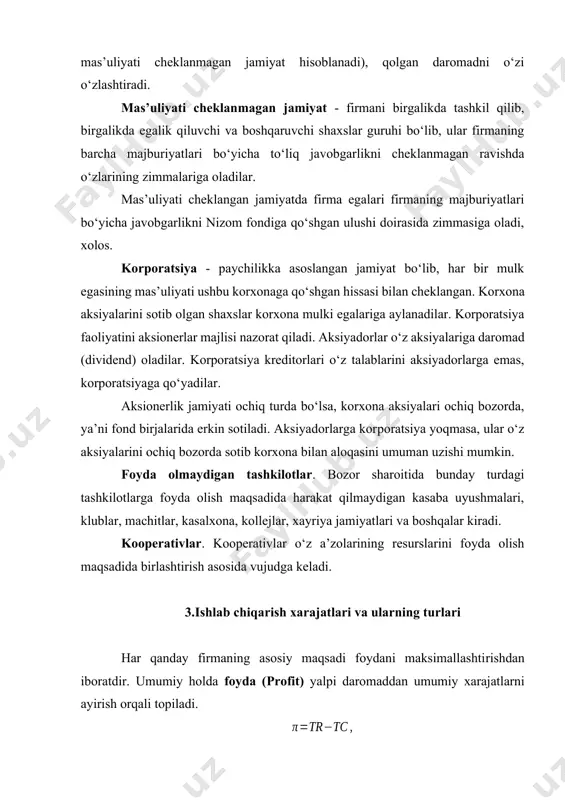 tashqi xarajatlarga tashqi to‘lovlar, ya’ni tashqi mol yetkazib beruvchilarga (xom-ashyo, materiallar, elektroenergiya, gaz) to‘lovlar kiradi. umumiy daromaddan tashqi xarajatlarni ayirib tashlasak, buxgalteriya foydasini olamiz. buxgalteriya foydasi ichki (yashirin) xarajatlarni hisobga olmaydi. ichki xarajatlar sifatida quyidagilar qaraladi: 1) tadbirkorning o‘ziga tegishli resurslarga bo‘lgan xarajati; 2) tadbirkorlik qobiliyatiga to‘g‘ri keladigan va tadbirkorga tegishli bo‘lgan normal foyda. buxgalteriya foydasidan ichki xarajatlarni ayirib tashlasak, iqtisodiy foydani olamiz. tashqi va ichki xarajatlarning yig‘indisi alternativ yoki iqtisodiy xarajatlarni tashkil qiladi. alternativ xarajatlar, firmaning resurslaridan eng yaxshi variantda foydalanishi bilan bog‘liq yo‘qotilgan imkoniyatlardir. iqtisodiy xarajatlar – bu boshqa nematlarning (tovar va xizmatlarning) qiymati. iqtisodiy xarajatlar firma faoliyatini buxgalter va iqtisodchi tomonidan baholanishni farq qilishga imkon beradi. buxgalterni birinchi navbatda, firmaning ma’lum muddat davomidagi (hisobot davrida) faoliyati natijalari qiziqtiradi. buxgalterlik xarajatlari – firma tomonidan foydalanilayotgan resurslarni sotib olingan narxlaridagi qiymatlaridir. bularga misol qilib, qonunchilik tomonidan belgilangan kapital asbob-uskunalarga qilingan amortizasion ajratmalarni keltirish mumkin. iqtisodchini esa, firmaning kelajagi, uning …