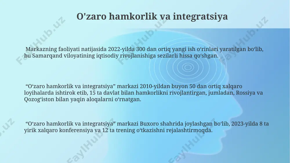 дан ортиқ илмий ишлар бажарилди, буларнинг 30 фоизи халқаро нашрларда чоп этилган. самарқанд вилоятида жойлашган илмий-тадқиқот маркази 5 йил ичида 80 дан зиёд ёш олимларни тайёрлади ва уларнинг 70%и ҳозирда илмий фаолият билан шуғулланади. фарғона водийсидаги илмий-тадқиқот маркази томонидан 2023 йилда амалга оширилган 40 та лойиҳадан 12 таси инновацион технологияларга бағишланган бўлиб, улар миллий иқтисодиётга 2 миллион ақш долларидан ортиқ фойда келтирди. moliyalashtirish manbalari va byudjeti 2023 йилда тошкент шаҳридаги республика ихтисослаштирилган марказларининг бюджети 50 миллиард сўмдан ортиқни ташкил этди, бунинг 30%и давлат грантлари ҳисобидан молиялаштирилди. самарқандда жойлашган республика кардиология маркази ўз фаолиятини 80% давлат бюджети ва 20% тижорат хизматларидан олинган даромадлар ҳисобига молиялаштиради. фарғона вилоятидаги республика онкология марказининг 2022 йилги фаолияти учун 15 миллион ақш доллари миқдоридаги хорижий инвестициялар жалб этилди. xavfsizlik va sog'liqni saqlash farg'ona vodiysidagi 3 ta “xavfsizlik va sog'liqni saqlash” markazi jami 10 ta zamonaviy tibbiyot asbob-uskunalari bilan jihozlangan bo'lib, yiliga 7000 dan ortiq bemorni qabul …