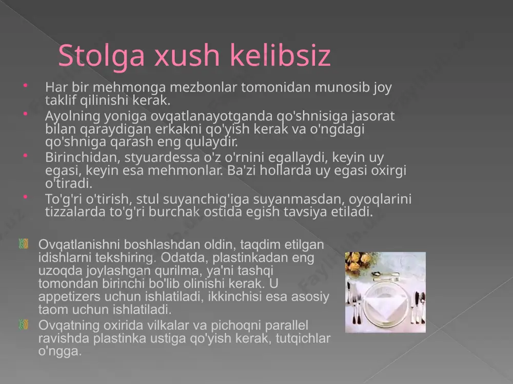 munosabatiga qarab, bir nechta plitalar bo'lishi mumkin. bunday hollarda snack plitalari ostiga kichik kechki ovqat plitalari qo'yiladi va stol chetidan uzoqroqda joylashgan plitalarning chekkalari kichik kechki ovqat plastinkasiga to'g'ri kelishi uchun patty plastinka (non plastinka) qo'yilishi mumkin. image2.jpeg image3.jpeg image4.png image5.jpeg image6.jpeg image7.jpeg image8.jpeg /docprops/thumbnail.jpeg