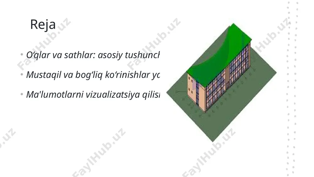 iyatini va ularning o‘zaro aloqasini tushunishga yordam beradi. 4 ma'lumotlarni taqdim etish grafiklarda sathlar ma'lumotlarni taqdim etishda muhim rol o'ynaydi, chunki ular ko‘rsatma va tahlil uchun qulay sharoitlar yaratadi. o‘qlar va sathlarni birlashtirish: kompleks ma'lumotlar bilan ishlash. o'q va sathlar integratsiyasi o'q va sathlar integratsiyasi, kompleks ma'lumotlarni tushunish va taqdim etish uchun zaruriy usuldir, bu jarayonda o'q va sathlarning o'zaro munosabatlari aniqlanadi. ma'lumotlarni birlashtirish ma'lumotlarni birlashtirish jarayoni, turli manbalardan olingan ma'lumotlarni bir xil kontekstdagi aks ettirishni ta'minlaydi, bu esa tahlilni osonlashtiradi va aniq natijalar beradi. misollar va amaliyot amaliy misollar orqali o'q va sathlarni birlashtirishni ko'rsatish, ma'lumotlarni yanada samarali taqdim etish va tushunishni kuchaytirishga yordam beradi. o‘qlarni va sathlarni yaratishda eng yaxshi amaliyotlar. 1 o‘qlarni aniqlash o‘qlarni aniqlash jarayonida ma’lumotlar kontekstini tushunish muhimdir. har bir o‘q uchun mos xususiyatlar va o‘lchovlar aniqlanishi kerak. 2 mavjud vositalar o‘qlar va sathlarni yaratishda grafik dasturlar, masalan, tableau yoki power bi, foydalanuvchilar uchun qulay …