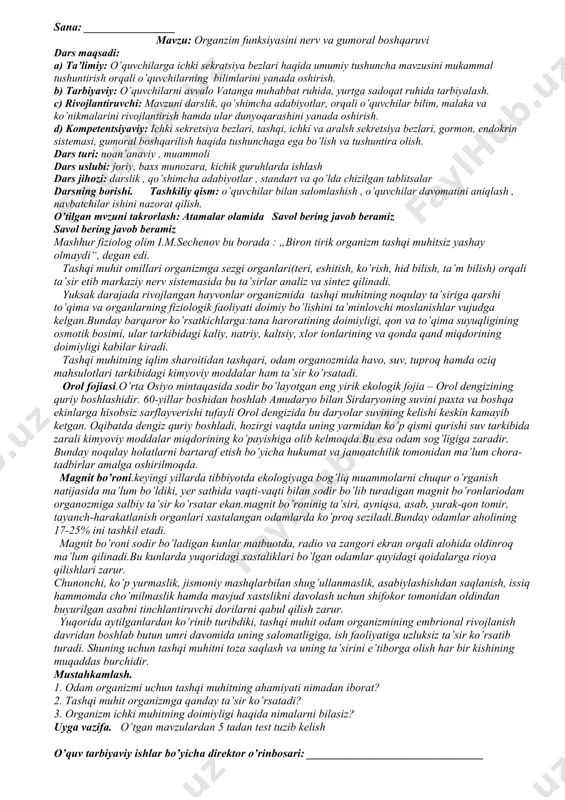 . odam organizmi turli to’qima va organlari hujayralarining shakli har xil:sharsimon, oval, kubsimon, silindrsimon, yulduzsimon, duksimon va hokazo bo’ladi. hujayra uch qismdan: membrana (parda), sitoplazma va yadrodan tuzilgan. hujayra sitoplazmasi membrananing ichida joylashgan.sitoplazmaning tarkibi organik va anorganik moddalardan iborat. yadro quyidagi funktsiyalarni bajaradi: 1) hujayrada kechadigan hamma fiziologik va morfologik jarayonlarni idora qiladi; 2) hujayrada moddalar almashinuvi va oqsillar sintezlanishini boshqaradi; 3) irsiy axborotni saqlaydi. hujayra yadrosi quyidagi tarkibiy qismlardan tashkil topgan: 1) yadroni ustidan qoplab turuvchi parda; 2)yadro shirasi; 3) yadrocha 4) xromosomalar. odamning somatik (tana) hujayralari yadrosida 46 ta xromosoma, jinsiy hujayralarda 23 ta xromosoma bo’ladi.har qaysi xromosoma tarkibida mingtagacha va bundan ham ko’proq gen bo’ladi.xromosoma va genlar hujayraning nasl apparati hisoblanadi. hujayraning kimyoviy tarkibi.hujayraning barcha tarkibiy qismlari anorganik va organik moddalardan tashkil topgan.hujayra tarkibida fosfor, otingugurt, kalsiy, kaliy, natriy, xlor, temir, magniy, kremniy kabi makroelementlar va yod, mis, kobalt, rux, nikel, oltin kabi mikroelementlar bo’ladi.hujayra tarkibining 70% …