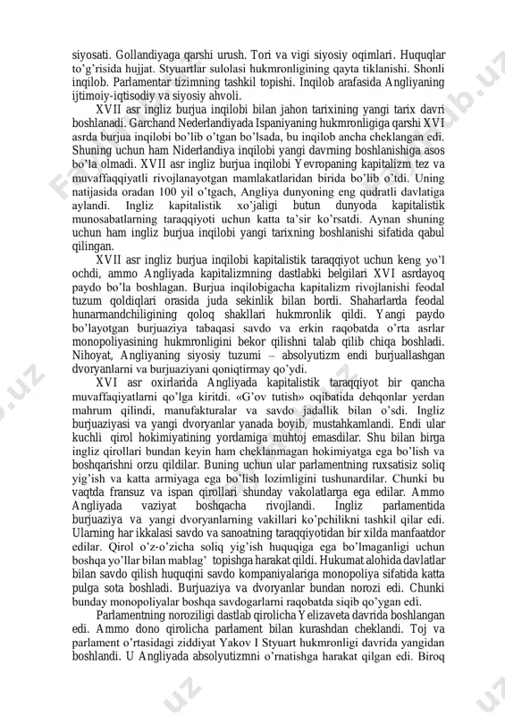 dan olingan javohirlar metropoliyaga keltirilib, kapitalga aylantirildi. yevropa davlatlarining dengizda, jahon bozorida va mustamlakachilik borasida hukmronlik uchun bo’lgan raqobati natijasida ko’p sonli urushlar bo’lib o’tdi. yangi zamon davriga kelib ispaniya va portugaliyaning mustamlakachilikdagi hukmronliklariga gollandiya va angliya davlatlari chek qo’ydilar. xvii asr birinchi yarmida savdo va mustamlakachilik borasida tashabbus gollandiyaga tegishli bo’lgan bo’lsa, xvii asr ingliz inqilobidan so’ng u angliya qo’liga o’tdi. xviii asrda angliya va fransiya o’rtasida amerika, afrika va hindistondagi mustamlakalar uchun uzluksiz kurash bordi. ispaniya merosi (1702-1713) va avstriya merosi uchun (1741-1748) urushlar va yetti yillik urush (1756-1763) da angliya fransiyaning shimoliy amerika, g’arbiy-hindiston va sharqiy-hindistondagi mustamlakalarini tortib oldi. yevropa davlatlari uchun mustamlakachilik siyosati boylik orttirish manbai bo’lib xizmat qilgan bo’lsa, osiyo, afrika va amerikaning yerli aholisini u asoratga solib, qashshoqlikka mahkum etdi. g’arbiy yevropa davlatlarida yirik ishlab chiqarish sanoatiga asos solinishi mazkur davlatlarning xom ashyo zahiralari, yangi bozorlar uchun va osiyo, afrika, amerika qit’asida joylashgan mamlakatlarda …