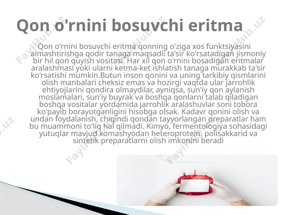 eritmalari); yog 'preparatlari - yog' emulsiyalari (lipofundin, intralipid). ta'sir yo'nalishiga qarab qon o'rnini bosuvchi eritmalar quyidagicha tasniflanadi. 1. gemodinamik (shokka qarshi): past molekulyar og'irlikdagi dekstranslar - reopoliglyukin; o'rta molekulyar og'irlikdagi dekstranslar - poliglyukin; jelatin preparatlari - jelatinol qon o'rnini bosuvchi eritmalar tasnifi: -past molekulyar og'irlikdagi polivinilpirrolidon - gemodez; -past molekulyar og'irlikdagi polivinil spirt - polydez. 2. detoksifikatsiya: oqsil gidrolizatlari - kazein gidrolizat, aminopeptid, aminokrovin, aminoz (m1, gidrolizin); aminokislota eritmalari - poliamin, mariamin, freeamin; yog 'emulsiyalari - intralipid, lipofundin; shakar va ko'p atomli spirtlar - glyukoza, sorbitol, fruktoza. 3. parenteral ovqatlanishga tayyorgarlik: fiziologik eritmalar - izotonik natriy xlorid eritmasi, ringer eritmasi, laktozal, natriy gidrokarbonat eritmasi, trisamin eritmasi. 4. suv-tuz va kislota-asos holatining regulyatorlari: gemodez muvozanatli elektrolit eritmasidagi past molekulyar og'irlikdagi polivinilpirrolidonning 6% eritmasi. 100, 200, 400 ml hajmdagi shishalarda mavjud. 0 dan –20 ° s gacha bo'lgan haroratda saqlang. yaroqlilik muddati 5 yil. gemodez yaxshi adsorbsion qobiliyatga ega: u qonda aylanib …