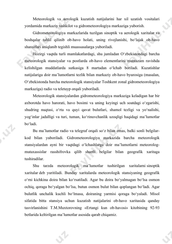 uchli bo‘lmasa, doiraning yarmisi qoraga bo‘yaladi. misol sifatida bitta stansiya uchun kuzatish natijalarini ob-havo xaritasida qanday tasvirlanishini t.m.muxtorovning «ertangi kun ob-havosi» kitobining 92-93 betlarida keltirilgan ma’lumotlar asosida qarab chiqamiz. rasm. sinoptik haritada bitta stansiya uchun kuzatish natijalarini qayd qilish. rasmda doiraning ichi qoraga bo‘yalgan, bu-butun osmon bulut bilan qoplanganligini bildiradi. doiraga kirgan chiziq shamolning shimoli-sharqdan esayotganini ko‘rsatadi. chiziqning qanoti m/s hisobidagi shamol tezligini bildiradi, rasmdagi chiziqda ikkita uzun qanot berilgan, bu shamol tezligining 9-11 m/s ga teng ekanligini (bitta qanot 4-6 m/s) ko‘rsatadi. doira ustidagi u belgi shu punktda o‘rta qatlamli bulut bo‘lganligini bildiradi. doiraning tagidagi -------- belgi esa past qatlamli bulut bo‘lganligini va uning o‘ng tomonidagi 6 raqami shu bulutning 7-8 ball hamda uning balandligi (yanada pastroqdagi 2 raqami) 100-200 m ekanligini ko‘rsatadi. doiraning chap tomonida havoning harorati (-3,60s) va undan pastroqda yog‘inning turi, jadalligi, ya’ni rasmdagi 3 ta yulduzcha mo‘’tadil to‘xtovsiz qor yoqqanligini, yana pasroqda shudring nuqtasi (-4,20s) …