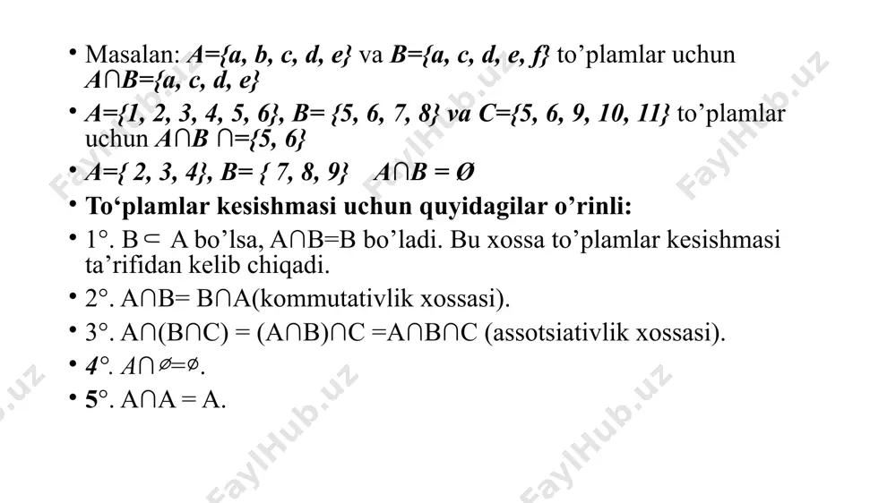 ∪ b) ⋂ c = {a, c, d, f } javob: d) {a, c,d,f } a, c,d,f 29 masalalar yechish 30 nafar o‘quvchidan 3x+1 nafari rus tilini , 2x-1 nafari ingliz tilini, x-1 nafari rus tilini ham ingliz tilini ham biladi. 5 nafari esa, rus tilini ham ingliz tilini ham bilmaydi. necha nafar o‘quvchi rus tilini biladi? a) 13 b) 19 c) 11 d) 17 10-masala 3x+1 2x-1 x-1 yechish: javob: b) 19 mustaqil bajarish uchun topshiriqlar 6. (m1,m2) a = {(x, y) x2 + у2 = 4; x,y r}, в = {(x, у) x - у = 2; x,y r} bo‘lsa, a⋂в to‘plamni aniqlang. a){(-2; 0); (0; 2)} b){(2; 0); (0; 2)} c) {(2; 0); (0; -2)} d){(-2; 0); (0; -2)} 7. (m1,m2) agar a = {x x2 4, x r} bo‘lsa, a⋂в to‘plamni aniqlang. a) [2; 8] b) {3; 4; 5; 6; 7; 8} c) {2; 3; 4; …