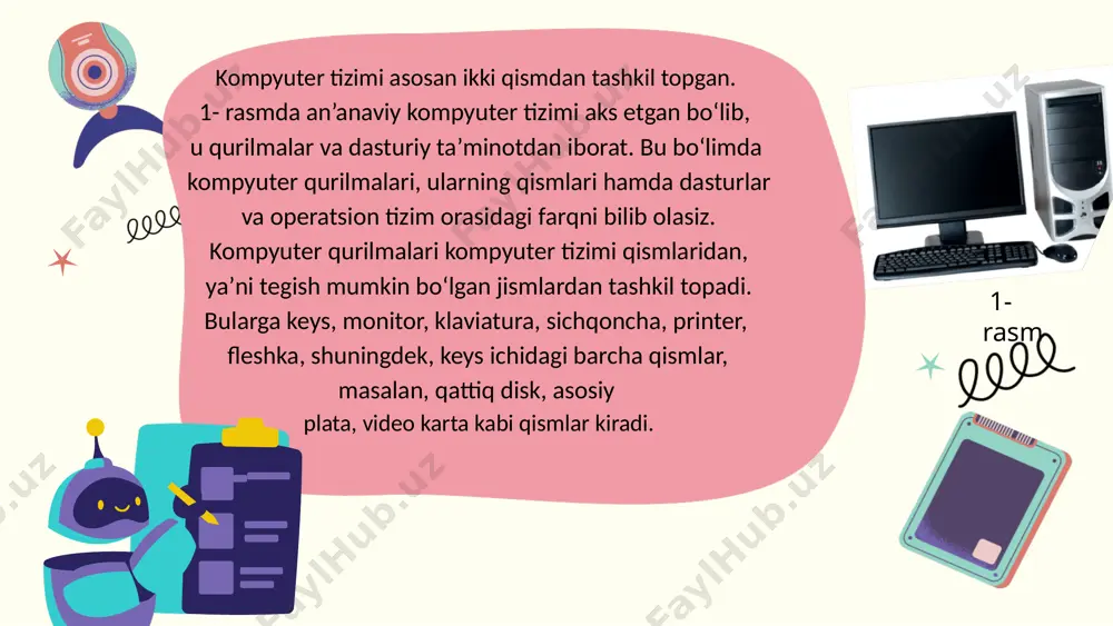 chamda boʻlishi mumkin, lekin odatda ustunsimon minora shaklida boʻladi. tizimli blok tarkibida asosiy plata mavjud boʻlib, unga cpu, operativ xotira va qurilmalar uchun kengaytirish slotlari kabi ichki qurilmalar oʻrnatiladi. tizimli blok tarkibida fayl maʼlumotlari va dasturlarni saqlash uchun qattiq disk; cd va dvd disklarni oʻqish hamda yozish imkonini beruvchi diskovod ham joylashgan. odatda tizimli blok ichidagi boshqa qurilmalarga audio karta, video karta va kuler kabi sovitish mexanizmi kiradi. kompyuter qurilmalarini bir necha turga bo‘lish mumkin: • kiritish qurilmasidan maʼlumotni kompyuterga kiritish uchun foydalaniladi. kiritish qurilmalari tashqi qurilmalar deb ataluvchi toifaga ham kiradi. ularning eng keng tarqalgan turlari: klaviatura, sichqoncha, sensorli panel, mikrofon, shtrix-kod rider, skaner, raqamli kamera, joystik. protsessor kiritish qurilmasi orqali kiritilgan maʼlumotlar asosida turli amallarni bajaradi. • chiqarish qurilmalaridan protsessor ishining natijasini namoyish qilishda foydalaniladi. chiqarish qurilmalari hamtashqi qurilmalar toifasiga kiradi. chiqarish qurilmalariga printer, karnay, plotter, proyektor va displey ekranlarini misol qilish mumkin. • xotira qurilmasi barcha maʼlumotlar …