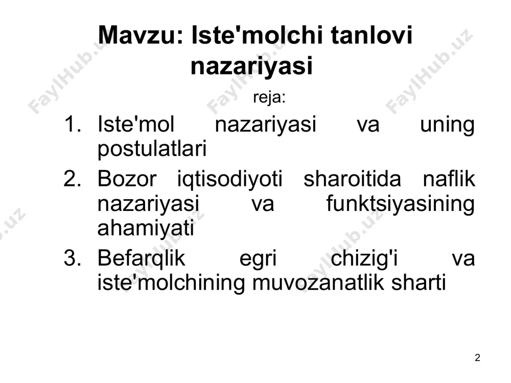 hining tanlovi r/p2 r/p1 x2 e u3 u2 u1 x1 a * misol * befarqlik egri chizig'i * iste'molchining daromad chizig'i * daromad o'zgarishining daromad chizig'iga ta'siri * iste'molchi extiyojlarining maksimal kondirilishi grafigi * а d a b i y o t l a r salimov b.t., muxitdinova u.s., mustafaqulov sh.i., salimov b.b. mikroiqtisodiyot. darslik. t. 2015. egambеrdiеv e. mikroiqtisodiyot darslik.-t.: tmi, 2004. 226-b g'ulomov s.s., alimov r.x., salimov b.t. mikroiqtisodiyot darslik. t.: sharq 2001- y. 320-b r. pindayk, d. rubinfеld. mikroiqtisodiyot. t. 2002 максимова в.ф. микроэкономика: учеб. м.: маркт дс, 2012. – 368с. pindyck, robert s.microeconomics. – copyright 2013, macmillan publishing company, a division of macmillan, inc. campbell r. mcconnell. microeconomics. - copyright 2015, macmillan publishing company, a division of macmillan, inc. g ( н ( f с е d в а ( ( ( ( ( ( кийим-кечак озик- овкат u1 40 30 20 10 40 30 20 …