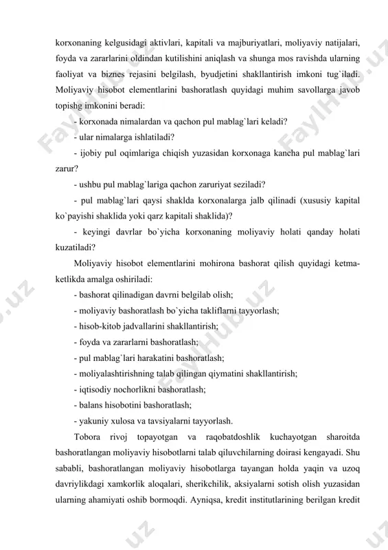 uvchilarning doirasi kengayadi. shu sababli, bashoratlangan moliyaviy hisobotlarga tayangan holda yaqin va uzoq davriylikdagi xamkorlik aloqalari, sherikchilik, aksiyalarni sotish olish yuzasidan ularning ahamiyati oshib bormoqdi. ayniqsa, kredit institutlarining berilgan kredit muddatlari bo`yicha korxonaning moliyaviy holati va natijalarining kutilishlarini bilishga zaruriyati yanada oshmoqda. bundan ko`rinib turibdiki, banklar birinchi navbatda korxonalarning tarixi bilangina emas, balki iqtisodiy jihatdan asoslangan faoliyatning uzluksizligi va davomiyligi, moliyaviy ahvol va natijalarning kelajakdagi kutilishlarini bilish bilan ham qiziqadilar. shu bilan birga, esdan chiqarmaslik lozimki, kelajakda kutiladigan natijalarning eng ishonchli manbalari ham ma`lum bir taxminlardan, kamchiliklardan albatta holi bo`la olmaydi. bu esa risklarni baholash ularni kamaytirish choralarini ko`rish bilan hal etiladi. aktivlar, kapital va majburiyatlarni bashoratlash moliyaviy holatni bashoratlashda eng muhim obyekt bu buxgalteriya balansidir. uning muhim elementlariga aktivlar, kapital va majburiyatlar kiradi. buxgalteriya balansini bashoratlash orqali korxonaning joriy davrdagi holatining kelgusidagi kutilishlari rejalashtiriladi. bashoratlash modelini tuzib chiqish yuzasidan quyidagi tartibdagi amallar bajariladi. buxgalteriya balansining tuzilishi: a = k …