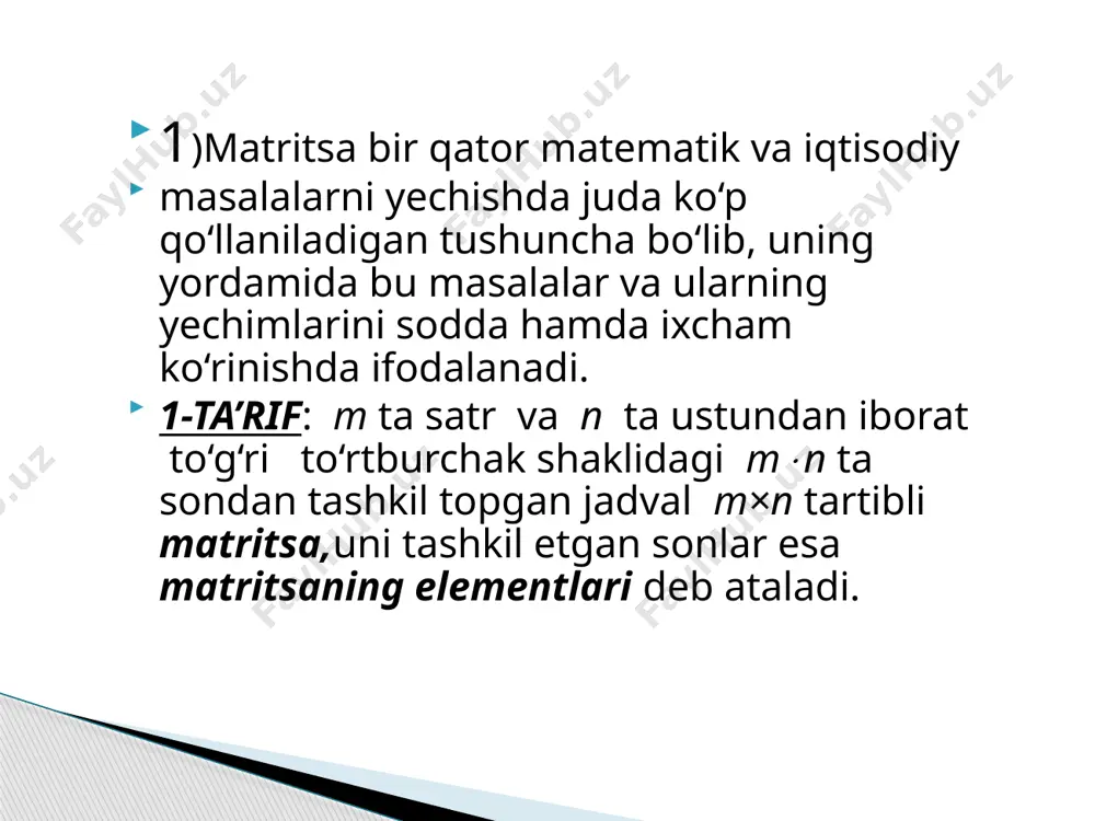 agonal matritsaning diagonal elementlari nolga ham teng bo‘lishi mumkin. masalan, ==, == diagonal matritsalar bo‘ladi. 5-ta’rif: barcha diagonal elеmеntlari аіi =1 bo‘lgan n-tartibli diagonal matritsa n-tartibli birlik matritsa yoki qisqacha birlik matritsa deyiladi. odatda n-tartibli birlik matritsa en yoki qisqacha e kabi belgilanadi. masalan; , = mos ravishda ikkinchi va uchinchi tartibli birlik matritsalardir. 2)matritsalar ustida amallar. endi matritsalar ustida algebraik amallar kiritib, matritsalar algebrasini hosil etamiz. ta’rif: ixtiyoriy tartibli аm×n =(аij) matritsaning istalgan songa ko‘paytmasi dеb cm×n ={аij} kabi aniqlanadigan matritsaga aytiladi. bunda a matritsaning  songa ko‘paytmasi a deb belgilanadi. masalan, a= 6a== ta’rif: bir xil tartibli аm×n =(аij) va bm×n =(bij) matritsalar yig‘indisi dеb elеmеntlari сij = аij + bij kabi aniqlanadigan cm×n =(cij) matritsaga aytiladi. bunda a va b matritsalarning yig‘indisi a+b ko‘rinishda belgilanadi va ularning mos elementlarini qo‘shish orqali hisoblanadi. ta’rif;matritsalarni songa ko‘paytirish va o‘zaro qo‘shish amallari quyidagi qonunlarga bo‘ysunishi bevosita ularning ta’riflaridan kelib chiqadi: …