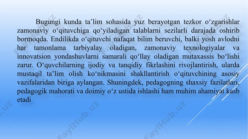 himini hal etishi, eng muhimi o'z sohasi, kasbi bo'yicha raqobatbardosh bo'lishi uchun zarur bo'lgan tayanch kompetensiyalarga ega bo'lishi lozim. 1. kommunikativ kompetensiya; 2. axborot bilan ishlash kompetensiya; 3. shaxs sifatida o'zini-o'zi rivojlantirish kompetensiya; 4. ijtimoiy faol fuqarolik kompetensiya: 5. umummadaniy kompetensiya: 6. matematik savodxonlik, fan texnika yangiliklaridan xabardor bo'lish kompetensiya. o'qituvchining tayanch kompetensiyalarni baholashda mazkur kompetensiyaning turi va yo'nalishiga qarab quyidagi baholash mezonlaridan foydalanish mumkin. ➤ test usuli; ➤ suhbat usuli ➤ mantiqiy topshiriqlar (kasbiy masala) usuli; ➤ yozma nazorat usullari; bundan tashqari o'qituvchini tayanch kompetensiyalarini ta'lim-tarbiya jarayonida qo'llay olishida bilish, tushuntirish, qo'llay olish, analiz va sintez qilish, baholash va hulosa chiqarish kabi mezonlar muhim o'rin egallaydi zamonaviy tarix oʻqituvchisi faqatgina tarixiy bilimga ega boʻlish bilan cheklanmay, balki pedagogik texnologiyalarni bilishi kerakligi taʼkidlangan. bu toʻgʻri, chunki bugungi taʼlim tizimi faqatgina anʼanaviy dars berish usullariga tayanib qolmasligi, balki zamonaviy yondashuvlar, interfaol metodlar va innovatsion texnologiyalar bilan boyitilishi zarur. zamonaviy tarix oʻqituvchisiga …