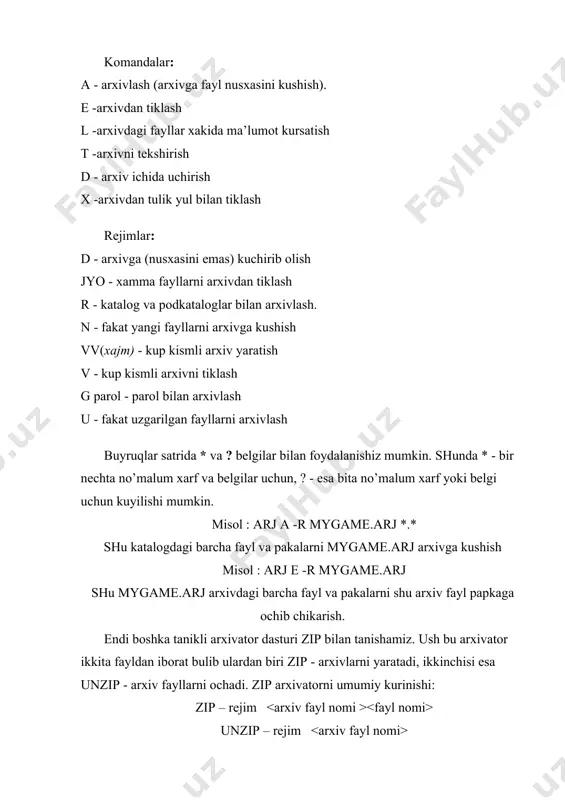 bulib kuyidagilardan tashkil topgan. dastur yordamchi tugmalari add dobavit tanlangan fayllarni arxiv-faylga kushish. agar yangi nom kursatilsa u xolda yangi arxif-fayl yaratiladi view prosmotr arxiv-fayldan tiklamasdan tezkor xolatda u ichidagi ma’lumotlarni kurish delete udalit arxiv-fayl ichidagi tanlangan faylni uchirish repair ispravit buzuk yoki xatoli arxiv faylni tuzatish. otsenit kaysi arxivator va kaysixolatda arxiv fayl xajmi minimal bulishini kursatish. extract izvlech v tanlangan fayllarni arxiv-fayldan kursatilgan papkaga chikarish (tiklash) test test arxiv-fayldagi fayllarni xatolarga tekshirish find nayti arxiv faylni kidirish info info tanlangan fayl xakida ma’lumotlarni kurish master master arxivlash yordamchisini ishga tushirish dastur menyusi 5 bulimdan iborat bulib ular fayl, kommandu, izbrannoe, parametru va spravka. ush bu bulimlar yordamida biz kerakli amallarni bajarishimiz mumkin. menyu fayl otkrut arxiv (ctrl + o) - arxiv faylni ochish vubrat disk (ctrl + d) - asosiy diskni uzgartirish vubrat papku (ctrl + t) - asosiy papkani uzgartirish parol (ctrl + p) - arxiv faylga …