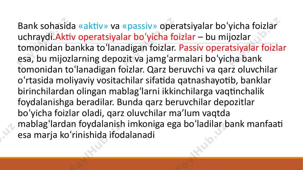 a nobank) ning bir necha guruhini ajratish mumkin: -kredit muassasalari o‘rtasidagi qisqa muddatli kredit operatsiyalarida qo‘llaniladigan pul bozori stavkasi; -qayta moliyalashtirish stavkasi; -qimmatli qog‘ozlar bozoridagi (birlamchi va ikkilamchi bozor) stavkalar; -bank va boshqa kredit muassasalarining nobank tashkilotlariga va jismoniy shaxslar uchun foiz stavkalari. o‘z navbatida yuqoridagi guruhlarning har biri doirasida foiz stavkalarini quyidagicha tavsiflash mumkin: bitim muddatlari bo‘yicha:  -qisqa muddatli;  -uzoq muddatli. foiz stavkalarining tuzilishi bo‘yicha:  -asosiy(bazaviy); -qo‘shimcha, ya’ni asosiy o‘zgarishi natijasida o‘zgaradigan foiz stavkalar. shakllanish xarakteri bo‘yicha- bozor va tartiblanadigan to‘g‘ri yoki egri (markaziy bank va boshqa sub’ektlar stavkalari) stavklariga bo‘linadi. tartiblanadigan stavkalarga qayta moliyalashtirish stavkasi va markaziy bank shtraf stavkalari kiradi. foydalanish ko‘lamiga bo‘yicha- hududiy, milliy va halqaro kredit bozorlarida qo‘llaniladigan stavkalar. kreditdan foydalanish davrida o‘zgarish xarakteriga qarab -fiksirlangan (o‘zgarmas) va suzuvchi (o‘zgaruvchi) stavkalarga ajratiladi. ssuda foizini belgilar bo‘yicha quyidagicha turga ajratiladi: kredit shakllari bo‘yicha - tijorat foizi, bank foizi, iste’mol foizi, lizing bitimlari bo‘yicha …