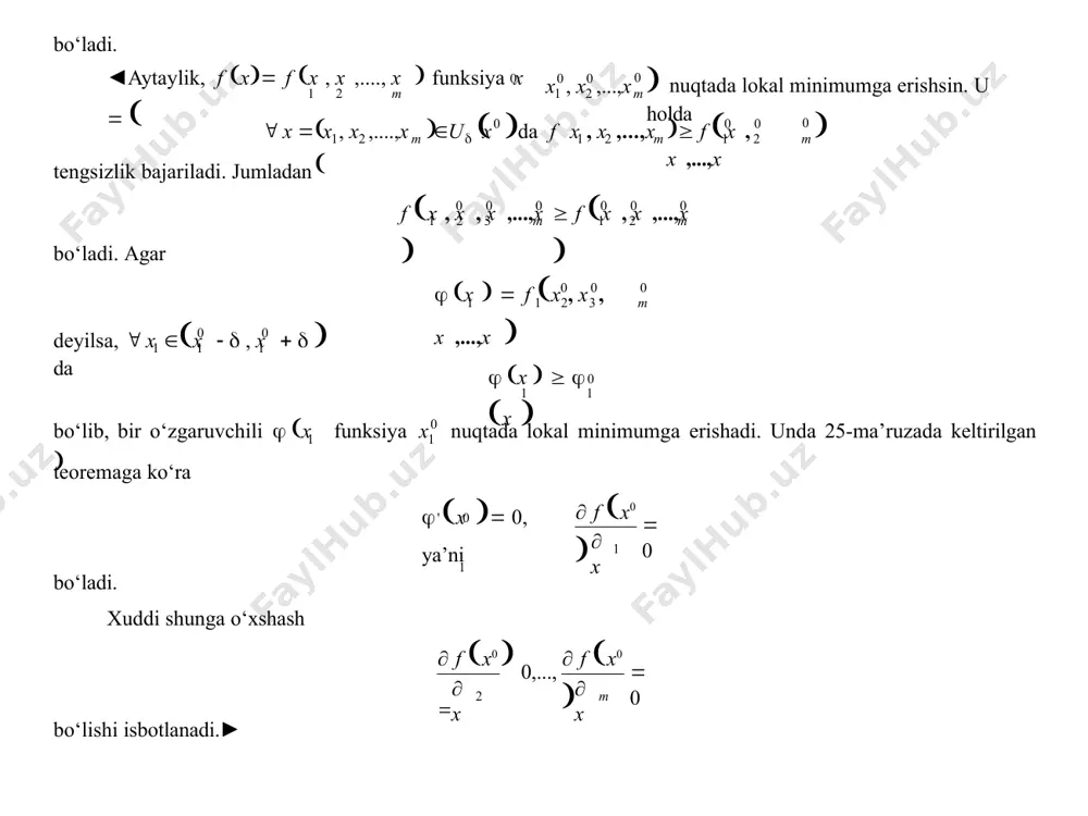  i k aik  x  x  2 f x0  bilan belgilaymiz. barcha ikkinchi tartibli xususiy hosilalar 2 f  xi  xk 1 2 0 0 0 0 m larning x  x , x ,..., x  nuqtada uzluksizligidan aik  aki hamda m ik  aik  ik  xi  xk  xi  xk  f x     2 f x0    0 2 m 0 1 2 1 2 0 x , x    x ,..., x    x bo‘lishi kelib chiqadi, bunda i 1,2,...,m  да ik  0 .  xi  0    m ik i k  m ik i k i,k a  x  x   x  x  i,k 1 2   natijada (1) tenglik ushbu  f x0  …