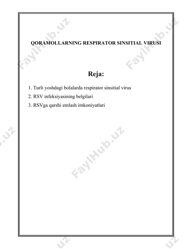 ga yotqiziladi. 4. mortalitet va morbiditet: rsv sayoz nafas olish, ovqat emmaslik va uyqu buzilishi kabi jiddiy alomatlarni keltirib chiqarishi mumkin. rsv bronxiolitidan o‘lish hollari juda kamdan-kam uchraydi, ammo har yili rsv tufayli butun dunyoda ko‘plab chaqaloqlar va yosh bolalar o‘limiga sabab bo‘ladi. dunyo bo‘yicha taxminan 100 000 dan 200 000 gacha yosh bola rsv tufayli hayotini yo‘qotadi. 5. imkoniyatsiz faktorlar: chaqaloqlarning muddatidan oldin tug‘ilishi, past tana vazni, oilaviy anamnezda astma yoki yashash sharoitlari kabi omillar rsv infektsiyasining og‘ir kechishiga ta'sir etuvchi muhim faktorlaridir. 6. emizish va himoya: emizish rsvga qarshi ma'lum himoya darajasini ta’minlashi mumkin, chunki ona sutidagi antikorlar chaqaloqni bu infektsiyalardan himoya qiladi. statistik ma'lumotlar rsvning eng kamida 18 numfiyalarda rsvga qarshi yuqori sezuvchanlik mavjudligini ko‘rsatmoqda. 7. og‘ir infektsiyalarda davolash: rsvga qarshi maxsus vaksina mavjud emas, lekin ba'zi antiviral dorilar qisqa muddatli himoya vazifasini bajarishi mumkin. qo‘shimcha qilib, jiddiy holatlarda nafas olishni qo‘llab-quvvatlovchi yordam beruvchi vositalar ishlatiladi. 8. …