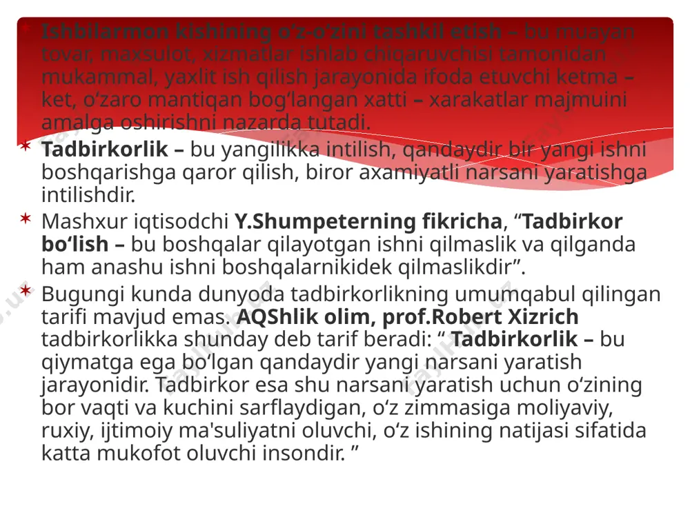 at, deb biladi: «funksiyasi yangi kombinatsiyalarni joriy etishdan iborat bo‘lgan xo‘jalik sub'ektlarini biz tadbirkor deb ataymiz». amerikalik iqtisodchi olim y.shumpeterning fikriga ko‘ra, tadbirkorlikning novatorlik xarakteri quyidagilarda aks ettiriladi: bozor uchun yangi tovar ishlab chiqarish; ishlab chiqarish jarayoniga yangi texnologiyalarni tatbiq etish; yangi sotish bozorlarini o‘zlashtirish; xom ashyoning yangi turlari va manbalarini topish. amerikalik iqtisodchi olim y.shumpeterning fikriga ko‘ra, tadbirkorlikning novatorlik xarakteri quyidagilarda aks ettiriladi - bozor uchun yangi tovar ishlab chiqarish - ishlab chiqarish jarayoniga yangi texnologiyalarni tatbiq etish - yangi sotish bozorlarini o‘zlashtirish; - xomashyoning yangi turlari va manbalarini topish y.shumpeter va uning izdoshlari bo‘lgan neoavstriya iqtisodiy taxlil maktabining ko‘zga ko‘ringan namoyondalari l.mizes, f.xayklar “uchinchi to‘lqin” asoschilari xisoblanadi. ularning fikricha: “tadbirkorning ishi nafaqat yangi texnologik usullarni tajriba qilish, balki mavjud usullar ichidan kishilar uchun aynan zarur bo‘lgan narsani eng qulay, eng arzon bahoda taminlay oladiganini tanlashdir” “uchinchi to‘lqin”ning asosiy g‘oyasi shundaki, unda tadbirkorning muxim shaxsiy fazilatlari (iqtisodiy va ijtimoiy …