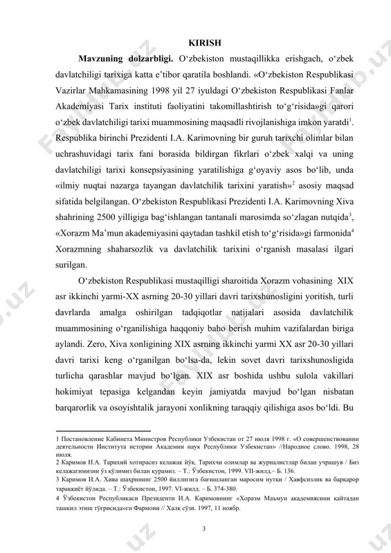 illiy respublikalarning davlatchiligi ko‘pincha yo‘l-yo‘lakay, u yoki bu davlatning mavjud bo‘lganligini qayd etish shaklida tavsiflanar edi. mustaqillik yillarida mavzuning yoritilishi muhim ahamiyatga ega bo‘lib, xonlikning siyosiy, ijtimoiy-iqtisodiy va madaniy ahvoliga oid asosiy ma’lumotlarni chuqur o‘rganish, yangicha qarash va yondashuvlarni umumlashtirish imkoniyati vujudga keldi. xiva xonligining xix asrning ikkinchi yarmi xx asr 20-30 yillari tarixshunosligini o‘rganishning dolzarbligi shu bilan belgilanadiki, bunday tadqiqot vatan olimlari tomonidan muammoni o‘rganishning manbalarini aniqlash, sovet va xorij tarixchilari tomonidan uni o‘rganish bosqichlarini tavsiflash, xxi asrda xiva xonligini o‘rganish tarixining dolzarb yo‘nalishlarini ta’riflashga imkon beradi. shunday qilib, xix – xxi asrning boshlarida ushbu muammoni kompleks tadqiq etish va qayta baholash tahlillarning yangi yo‘nalishlarini belgilab, mustaqil o‘zbekiston davlatchiligining ko‘p jildli tarixini yaratish maqsadlariga xizmat qiladi. mavzuning o‘rganilganlik darajasi. ilmiy adabiyotlarning tarixshunoslik tahlili shuni ko‘rsatadiki, xiva xonligining xix asrning ikkinchi yarmi - xx asr 20-30 yillari davri tarixshunosligi shu kunga qadar maxsus o‘rganish obyekti sifatida alohida tadqiq etilmagan. xiva …
