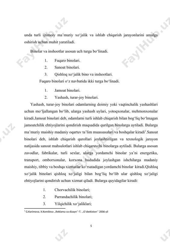 hootlarni loyihalashda 1-chi navbatda ularni nazariy asoslash lozim. ma’lumki barcha bino va inshootlar odamlar uchun yaratilgan. yashash binolarida odamlarni yashash dam olish uchun barcha shart-sharoitlar yaratilishi lozim. jumladan me’yoriy mikro iqlim va nisbiy namlik havo almashishi va harorat maydonlari yaratiladi. buning uchun bino va tashqi to‘siq konstruksiyalarini issiqlik fizik hisoblari bajariladi. bu hisoblar natijasida tashqi devor va tom yopmalarning qalinligi tashqi devor uchun optimal samarali qurilish materiallari tanlab olinadi. hisoblar quyidagi tartibda bajariladi. ma’lumki qish faslida bino ichiga olib kelingan issiqlik miqdori tashqi devor tom yopma orqali tashqi havoga sarf bo‘ladi. shu tashqi devor orqali tashqi havoga o‘tayotgan issiqlik miqdori ma’lum qarshilikka uchraydi. bu qarshilik issiqlik o‘tkazish qarshiligi deb ataladi. bino inshootlarni loyixalashda ularga va ularnning konstruktiv elementlariga maxsus talablar qo’yiladi. bu talablar asosan quyidagilardan iborat: 1. texnik talablar. 2. badiiy-me’moriy talablar. 3. maqsadga muvofiqlik-funksional talablar. 4. iqtisodiy talablar. binolarga ta’sir etayotgan tashqi muhit ta’sirlari quyidagi rasmda keltirilgan. texnik talablarga …
