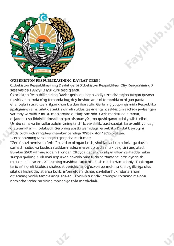 lariga ega edi. ko‘rinib turibdiki, “tamg‘a” so‘zining ma’nosi nemischa “erbo” so’zining ma’nosiga to’la mosfkeladi. o’zbekiston respublikasi kanstitutsiyasi konistitutsiya- davlatning asasiy qonuni bolib, konstitutsiyaviy tuzum, davlat va jamiyat qurilishi asoslarini belgilab beradi; qonun chiqaruvchi, ijro etuvchi va sud hokimiyati orginlari tashkilashtirilishini tartibga solib turadi; saylov tizimini belgilaydi; fuqaroiarning xoqoq va erkinliklarini, davlat ramzlarini mustaxkamlab qo’yadi; konstitutsiyaga o’zgartirishlar kiritish tartibini belgilaydi. 1992- yilgi konstitutsiya hsusiy mulk va bozor iqtisodiyotiga asoslangan yangi ishtimoiy- siyosiy tizim poydevorini qurib berdi. hsusiy mulk davlat mulki qatorida davlat muxofazasidadir. o’zbekiston respublikasining tuzilishi muqaddima i bo’lim. asosiy prinsiplar. 1- bob. davlat suvereniteti. (1-6-moddalar) 2- bob. xalq hokimiyatchiligi. (7-14-maddalar) 3- bob. kanistitutsiya va qonunning ustunligi. (15-16-moddalar) 4- bob. tashqi siyosat. (17-modda) ii bo’lim. inson va fuqaroiarning asosiy huquqlari, erkinliklari va burjlari. 5- bob. umumiy qoidalar-(18-20-moddalar) 6- bob. fuqarolik. (21-23-moddalar) 7- bob. shaxsiy huquq va erkinlikiar. (24-31-moddalar) 8- bob. siyosiy huquqlar. (32-35-moddalar) 9- bob. iqtisodiy va ijtimoiy huquqlar. (зб-41-moddalar) 10- …