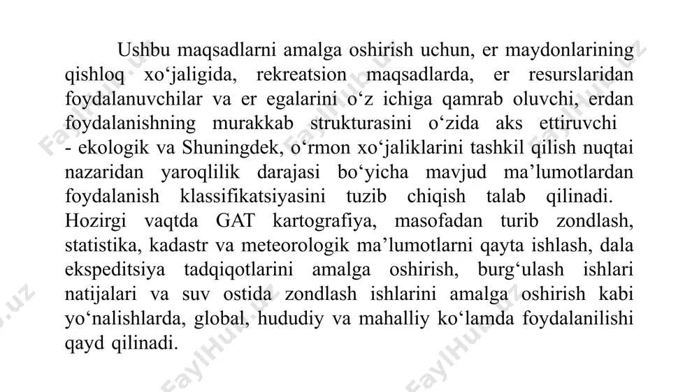 olatini oldindan prognoz qilish topshirig‘ini bajarish vazifasi yuklatilgan bo‘lsin. tabiiyki, bu ko‘rinishdagi topshiriqni bajarish davomida siz etarlicha darajada ishonchli materiallarni yig‘ishingiz talab qilinadi, bunda ko‘p sondagi mutaxassislar tomonidan amalga oshirilgan tadqiqotlarning qog‘ozda qayd qilingan shakldagi natijalaridan foydalanishga to‘g‘ri keladi. qo‘shimcha ravishda, siz ushbu belgilangan ishlarni bajarishingiz uchun ko‘p vaqt sarflashingiz talab qilinadi. siz ushbu ishlarni bajarishingiz uchun avtomatlashtirilgan tavsifga ega tizimdan foydalanishingiz talab qilinadi. bu tavsifdagi tizim mavjud emasligi dastlab aynan, geografik axborotlar tizimi yo‘nalishida faoliyat olib boruvchi mutaxassislar tomonidan qayd qilingan. takrorlash uchun savollar: 1.geoinformatsion texnologiyalar qaysi sohalarda ishlatiladi? 2.gatning qaysi vazifalaridan foydalaniladi? 3.gat va geoaxborot texnologiyalari sohasida ishlaydigan mutaxassislar qanday masalalar bilan shug'ullanishadi? 4.qanday ilmiy va texnologik muhit geoinformatikaini shakllantiradi? image1.jpeg