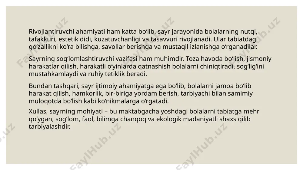 ik madaniyatni shakllantirish tabiatni asrash, gullarni yulmaslik, hayvonlarga ozor bermaslik, daraxtlarni ehtiyot qilishni o‘rgatish. qushlarga qishda yordam berish, gul ekish, ko‘chat parvarish qilish kabi amaliy ishlar orqali tabiatni muhofaza qilishga o‘rgatish. 3. ko‘nikma va malakalarni rivojlantirish kuzatish, taqqoslash, oddiy tajribalar o‘tkazish, savol berish va javob topish malakasini shakllantirish. tabiat hodisalari haqida o‘z fikrini oddiy jumlalar bilan ifoda etish. 4. yosh guruhiga mos yondashuv kichik guruhda – rang, shakl, tovush kabi tashqi belgilarni farqlash. o‘rta guruhda – solishtirish va savol-javob asosida bilim berish. katta guruhda – sabab–natija bog‘lanishini tushuntirish. tayyorgarlik guruhida – ekologik tarbiya va tabiatni muhofaza qilish bo‘yicha ongli faoliyatga yo‘naltirish. 5. shaxsiy sifatlarni rivojlantirish tabiatni sevish va unga mehribonlik hissi. mehnatsevarlik va mas’uliyatlilik. atrof-muhitga g‘amxo‘rlik va ekologik ong. xulosa: maktabgacha yoshdagi bolalarni tabiat bilan tanishtirish jarayoni – ularning har tomonlama rivojlanishida beqiyos ahamiyatga ega bo‘lgan tarbiyaviy faoliyatdir. sayr va kuzatish mashg‘ulotlari orqali bolalar tabiatni bevosita idrok etadilar, yangi bilimlarga …