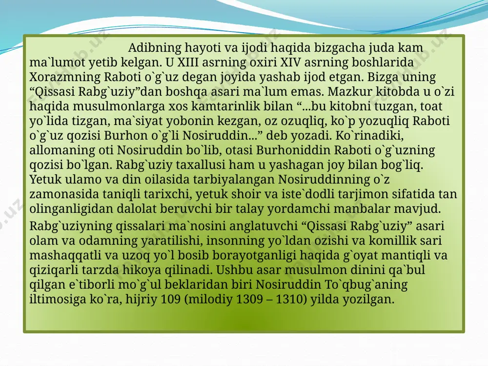 sai yusuf” qissalar asosini asosiy tarixiy-ilohiy voqealar tashkil etadi. ular o’z ildizlari bilan qur’on va “hadis”larga, insoniyatning yaratilishi va rivojlanish tarixiga, xalq og’zaki ijodiga borib taqaladi. ammo bularning ko’pchiligi, birinchi navbatda, rabg’uziy badiiy tafakkuri yordamida qayta idrok etiladi, badiiy talqinini topadi. mavzu doirasiga ko’ra asardagi qissalar juda rang-barang. olamdagi butun mavjudot egasi allohni ulug’lash, payg’ambarlar hayotiga doir lavhalarni eslash, ota-ona va farzand munosabatlari, sevgi va sadoqat, vatan va vatanparvarlik, erk va adolat, do’stlik va hamjihatlik, urush va tinchlik kabi mavzular shular jumlasidandir. bular asardagi yetmish ikki qissada o’z ifodasini topgan. bu qissalarning hajmi turlicha. masalan, “qissai yusuf” salkam yuz sahifani tashkil qilsa, “lut” haqidagi qissa bir necha sahifadangina iborat. image4.png image5.jpeg image2.jpeg