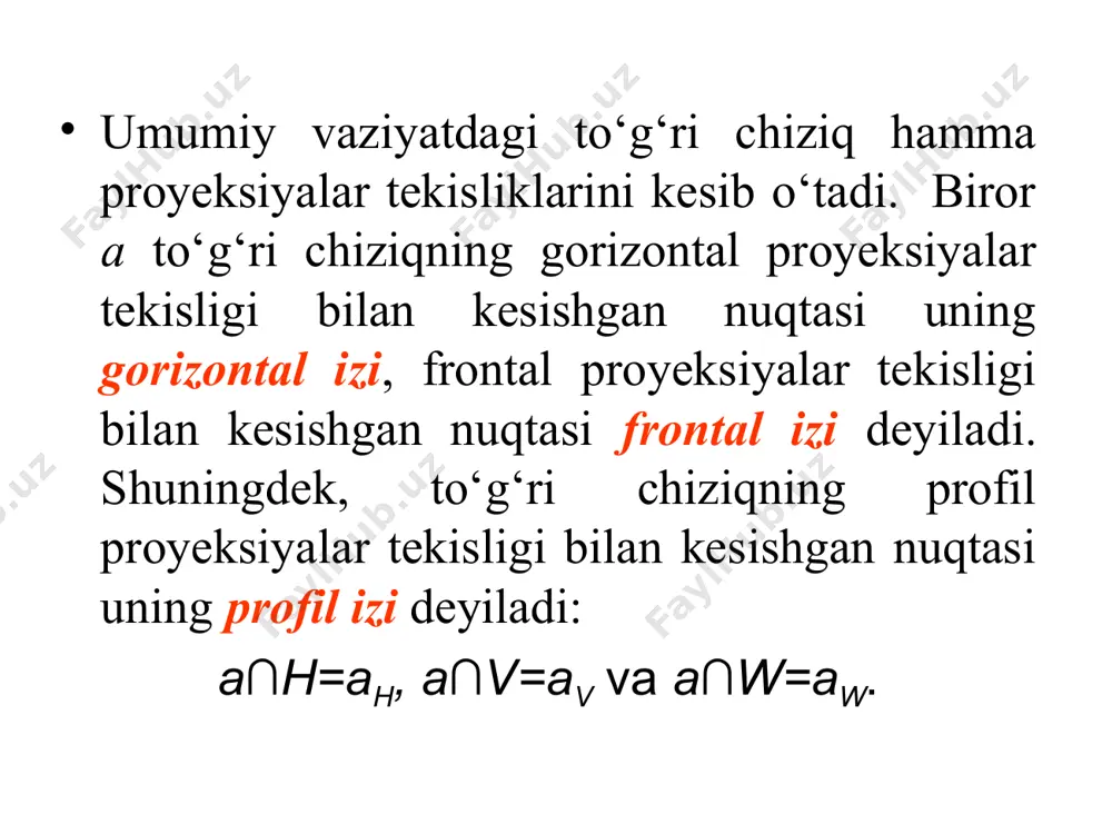 adi, ya’ni a′b′c′=90o bo‘ladi. to‘g‘ri burchakning bc tomonidan h tekislikka perpendikulyar qilib p tekislik o‘tkazamiz. u holda abp bo‘lib, h∩p= ph hosil bo‘ladi. agar to‘g‘ri burchakning bc tomonini ab tomoni atrofida aylantirib, ixtiyoriy bc1 vaziyatga keltirsak ham uning bu tomonining proyeksiyasi ph bilan ustma-ust tushadi. shunga ko‘ra abc1=a′b′c′=90o bo‘ladi. demak: abc=90o bo‘lib, ab||h va bciih bo‘lsa, a′b′c′=90o bo‘ladi. chizmada abc(abiih) va def(deiiv) to‘g‘ri burchaklarning rasmlarda keltirilgan. to‘g‘ri burchakning proyeksiyalanish xususiyatidan chizma geometriyada metrik masalalarni yechishda keng foydalanadi.