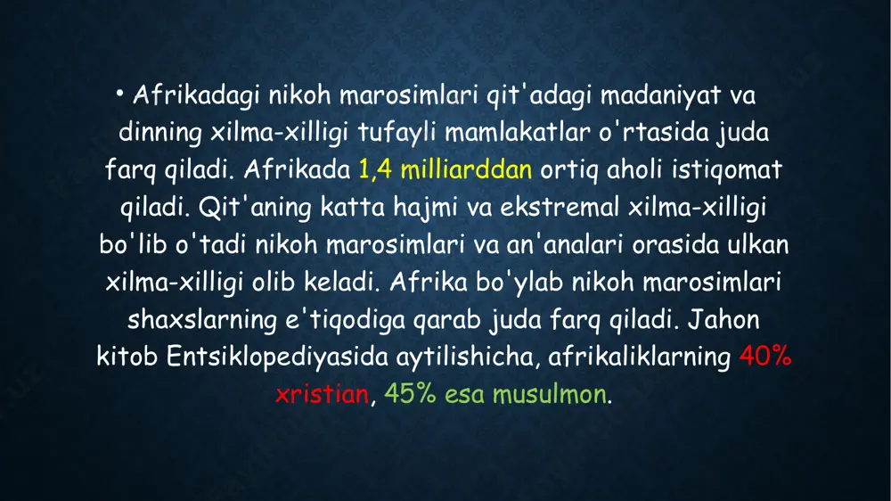 zamonaviy bolalar uylari va ijtimoiy markazlar faoliyat ko‘rsatmoqda. sog'liqni saqlash: ruanda sog'liqni saqlash tizimini qayta qurib, asosiy xizmatlarni qishloq hududlarida ham kengaytirdi. aholining ko'p qismi sog'liqni saqlash sug'urtasi bilan qamrab olingan. ta'lim: boshlang'ich va o'rta maktab ta'limi bepul hamda majburiy. ruanda afrikadagi eng yuqori savodxonlik darajalaridan biriga ega. gender tengligi: dunyo bo'yicha eng ko'p ayol parlament a'zolariga ega davlat hisoblanadi. nikohga tayyorgarlik oilangizga maslahat qilish: nikohdan oldin kuyov va kelin oilalari o‘z qarindoshlari va katta yoshlilar bilan maslahatlashadilar. bu jarayon oila birligi va kelgusidagi qo‘llab-quvvatlashni kafolatlaydi. kuyovning ota-onasi tashrifi (gusaba): kuyov oilasi kelin tomonning roziligini olish uchun ularning uyiga tashrif buyuradi. bu jarayon "gusaba" (ruxsat so‘rash) deb ataladi. bu an'ana davomida kuyov oilasi kelin tomonning vakillariga sovg‘alar va hurmat bajo keltiradi. kelin-pul (bride price) inyemeza (ramziy sovg‘a): kuyov oilasi kelin tomoniga kelin-pul sifatida sovg‘a taqdim etadi. bu ko‘pincha sigirlar, qishloq joylarda esa boshqa chorva mollari yoki pul bo‘lishi mumkin. bu …