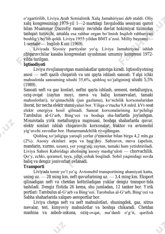 illarda tashqi ishlar vazirlari kengashi (ikkinchi jahon urushidan keyin yarash bitimlarini tayyorlash maqsadida taʼsis etilgan xalqaro organ)da, soʻngra bmtda muhokama qilindi. 1949-yil noyabrda bmt bosh assambleyasi liviyaga 1952-yil 1- yanvardan mustaqillik berish toʻgʻrisida qaror qabul qildi. 1950-yilda chaqirilgan milliy taʼsis majlisi liviya konstitutsiyasini qabul qildi. 1951- yil 24-dekabrda mustaqil liviya qoʻshma podshohligi (tarkibida kirenaika, tarobulus al-gʻarbtaniya, fetssan vilo-yatlari boʻlgan federatsiya) tuzilganli-gi eʼlon qilindi. 1963-yilda liviya unitar davlat deb eʼlon qilindi. ayollarga saylov huquqi berildi. mamlakatning iqtisodiy va siyosiy hayoti hamon yirik zamindorlar, qabila shayxlari qoʻlida edi. demokratik harakatlar qattiqqoʻllik bilan bostirilar edi. 1969-yil 1-sentabrda yashirin siyosiy tashkilot aʼzolari — yesh armiya ofitserlari guruhi monarxiyani agʻdarib tashlab, liviya arab respublikasi (lar) tuzilganligini eʼlon qildilar. mamlakatni boshqarish inqilobiy qoʻmondonlik qoʻmitasi qoʻliga oʻtdi. liviyada "liviya islom sotsializmi" qurilishi eʼlon qilindi. 1970-yilda barcha chet davlatlarning harbiy bazalari lar hududidan chiqarib yuborildi. 1972-yilda mamlakatda yagona siyosiy tashkilot — arab sotsialistik ittifoqi tuzildi. 1977-yilda "xalq hokimiyati" …