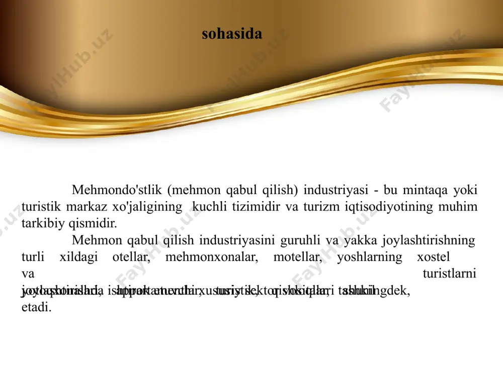 monxonalar – turistik, kurort mehmonxonalari, avtoturistlar uchun, motellar, kempinglar 2 mehmonxonalarning maxsus turlari – tranzit yo‘lovchilar uchun, sportchilar uchun va boshqalar uchun quriladi 3 funksional vazifasiga qarab mehmonxonalar quyidagilarga ajratiladi: tasniflash tizimlari yevropa tasniflash tizimi yoki «yulduzlar» tizimi harflar tizimi (a, b, c, d). gresiyada qo„llanadi «tojlar» tizimi. buyuk britaniyada amal qiladi hind tizimi 5 va boshqalar hozirda jahonda ma’lum bo‘lgan 30 dan ortiq mehmonxonalarning tasniflash tizimlari zamirida shinamlik darajasi yotadi. ular orasida quyidagi tasniflash tizimlari ayniqsa keng tarqalgan: e’tiboringiz uchun raxmat image2.jpg image3.jpg image4.jpg image5.jpg image6.jpg image15.png image16.png image17.png image18.png image19.png image20.png image21.png image22.png image7.png image8.png image9.png image10.png image11.png image12.png image13.png image14.png image23.jpg image24.jpg image25.jpg image26.jpg image27.jpg image28.jpg image29.jpg image30.jpg image31.jpg image40.png image41.png image42.png image32.png image33.png image34.png image35.png image36.png image37.png image38.png image39.png image43.png image44.png image45.png image46.png image47.png image48.png image49.png image50.png image1.jpg