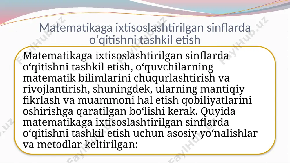 ining individual o‘rganish tezligini va qobiliyatini hisobga olgan holda, o‘qitish usullarini moslashtirish. agar o‘quvchi bir mavzuni tezda o‘zlashtirsa, unga yanada murakkab materiallar taklif etilishi mumkin. maqsadli mashqlar: o‘quvchilarga murakkab masalalarni yechishda yordam beradigan maxsus mashqlarni ishlab chiqish. bu o‘quvchilarni mustaqil fikrlashga, muammolarni tahlil qilish va echimlarni topishga undaydi. proyektiv o‘qitish: o‘quvchilarga turli muammolarni yechish va ilmiy loyihalar yaratish imkoniyatlarini taqdim etish. masalan, amaliy tadqiqotlar yoki matematik loyihalar orqali o‘quvchilar o‘z bilimlarini real hayotdagi masalalar bilan bog‘lashlari mumkin. 3. zarur resurslarni taqdim etish:o‘quv texnika vositalari: matematikaga ixtisoslashtirilgan sinflarda kompyuterlar, interaktiv doskalar, matematik dasturlar (geogebra, matlab, wolfram mathematica) va onlayn resurslar (coursera, khan academy) kabi texnologiyalarni faol foydalanish. ilmiy adabiyotlar: o‘quvchilarga matematikaga oid o‘quv qo‘llanmalarini, ilmiy jurnallar va maqolalarni taqdim etish. bu o‘quvchilarni ilmiy fikrlashga va mustaqil o‘rganishga undaydi. 4. matematikani amaliyot bilan bog‘lash:real hayotdagi masalalar: o‘quvchilarga real hayotdagi matematik masalalarni yechishda yordam berish. misol uchun, iqtisodiy masalalar, muhandislikdagi matematik model va …