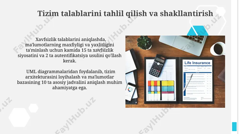 tirilgan. it infratuzilmasiga 30 million so'm, shuningdek, xodimlarni o'qitishga 5 million so'm sarflash rejalashtirilgan bo'lib, umumiy byudjetning 10 foizini tashkil etadi. tizimning xavfsizligini ta'minlash tizimning ma'lumotlar bazasini himoya qilish uchun 256-bitli aes shifrlash algoritmi va ikki omilli autentifikatsiya tizimi qo'llanilgan bo'lib, bu esa noqonuniy kirishdan himoya qilish darajasini sezilarli darajada oshiradi. tizimning ishonchliligini ta'minlash uchun yuqori mavjudlikka ega bo'lgan serverlar va 99,99% uptime kafolati bilan kamida 3 ta ortiqcha serverlardan foydalaniladi. dasturiy ta'minotni ishlab chiqish суғурта компаниясининг ахборот тизимини яратишда 3 та асосий модуль – суғурта шартномаларини бошқариш, тўловларни қайта ишлаш ва мижозлар базасини юритиш модулларини ишлаб чиқиш режалаштирилган бўлиб, улар интеграциялашган платформада ишлайди. дастурий таъминотнинг ишончлилигини таъминлаш учун 99,9% иш вақтига эга бўлган юқори маҳсулдорли сервер инфратузилмасидан ва маълумотлар базасини захиралаш тизимидан фойдаланилади. tizimni takomillashtirish va yangilash tizimni modernizatsiya qilish uchun 5 yildan ortiq ma'lumotlar bazasini migratsiya qilish va 30% ga tezkorlikni oshirishga qaratilgan loyiha amalga oshirildi. yangi texnologiyalarni …