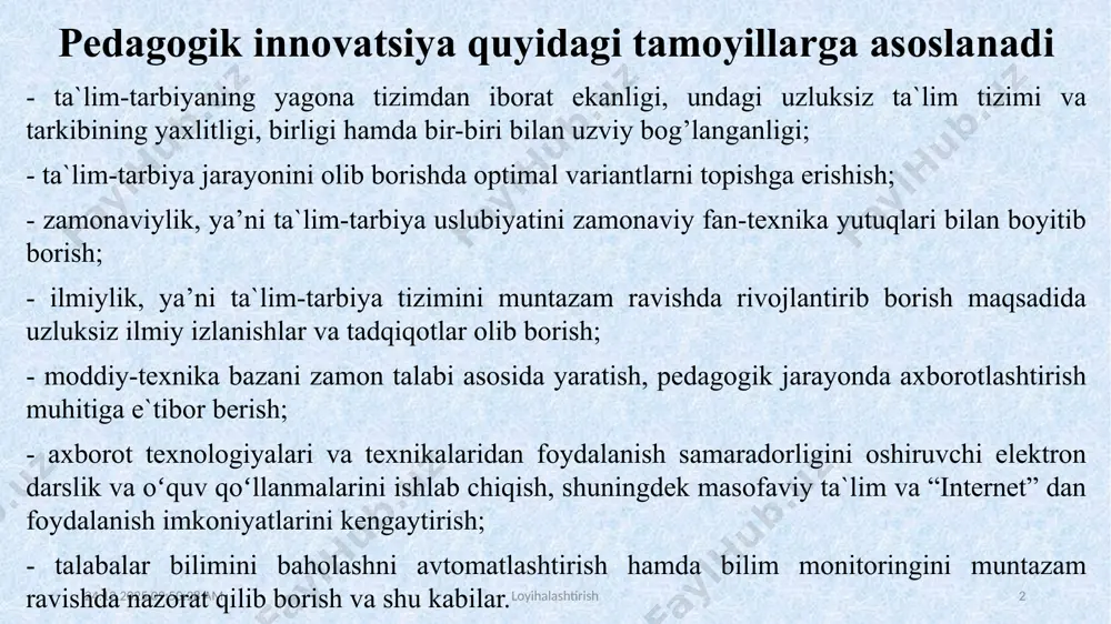 ta`lim tizimiga kiritishga koʻmaklashish, yangiliklarni muvofiqlashtirish, toʻplash va shu kabilar. 18.05.2022 8:36:11 loyihalashtirish 3 pedagogik innovatsiyalarni hayotga tadbiq etishning tashkiliy asoslari - pedagogik innovatsiyalarni yig’ishda innovatsiyalar boʻyicha aniq ma`lumotlar bazasini tashkil qilish va ta`lim-tarbiya sohasining me`yoriy hujjatlari boʻyicha ma`lumotlar omborini yaratiladi; - pedagogik innovatsiyani tanlashda quyidagtlarga e`tibor beriladi: pedagogik innovatsiyaning pedagogik samaradorligini muntazam ravishda oʻrganib, tahlil qilib borish; - pedagogik innovatsiya boʻyicha tajriba-sinov ishlarini tahlil qilib borish, umumlashtirish. ommalashtirishlar boʻyicha tavsiyalar tayyorlash; - pedagogik innovatsiyani joriy qilishda uni joriy etish jarayonini muntazam ravishda kuzatib borish, pedagogik innovatsiyaning rivojlanish mexanizmlariga alohida e`tibor berish va shu kabilar. 18.05.2022 8:36:11 loyihalashtirish 4 pedagogik innovatsiyadan foydalanishga uslubiy tavsiyalar - ta`lim-tarbiya sohasidagi davlat me`yoriy hujjatlariga e`tibor berish; - pedagogik innovatsiya sohasidagi ma`lumotlarni toʻplash, saqlash, qayta ishlash va uzatishga tayyorlash orqali axborot holiga keltirish; - pedagogik innovatsiyaning joriy etilishi boʻyicha axborot tizimini yaratish; - pedagogik innovatsiya boʻyicha kompyuter tarmog’ida saytlar ochish va undan foydalanish koʻlamini kengaytirish …