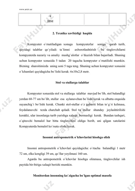 harchaydi. monitorni dizayni va rangi o`ziga e`tiborni jalb qilmasligi kerak. shuning uchun monitorning sirt tomonida har xil reklama yopishtirgichlarini olib tashlash kerak. monitorning ekrani zangori va ko`k ranglarga bo`yalishi shart. chunki bu ranglar inson ko`ziga eng yaxshi ranglardan hisoblanadi. kompyuterda ishlash vaqtida insonning charchash sabablari kompyuter bilan ishlash vaqtida inson quyidagi faktorlardan charchaydi: - ekranni yorug`ligi; - kontrast va fon o`rtasidagi aniqligi; - kompyuterda ishlash paytidagi issiqlikdan nurlanishi; - kompyuterda nurlanishning insonga ta`siri; - kompyuter buzuqligi. kompyuter xonasiga talablar xonaning shifti oq-ko`k fon balan oqlanishi, devorlari esa yashil rangga oqlanishi kerak. bu ranglar va oftob nurlanishi bizga kerakli rang iqlimini yaratib beradi. elektr xavfsizligi kompyuter xonasida hamma jihozlar elektrotokda ishlaydi, shuning uchun elektr shikastlanishiga uchrash mumkin. kompyuterlarni yerga ulash va yerga ulash himoyasiga talablar hamma kompyuterlarda elektr tarmog`iga ulash uchun maxsus sistema ishlatiladi va unda "0" ulash himoyasi qo`llanilgan. "0" ga ulash himoyasi bu "0" simini korpuslarga bog`lash va har …