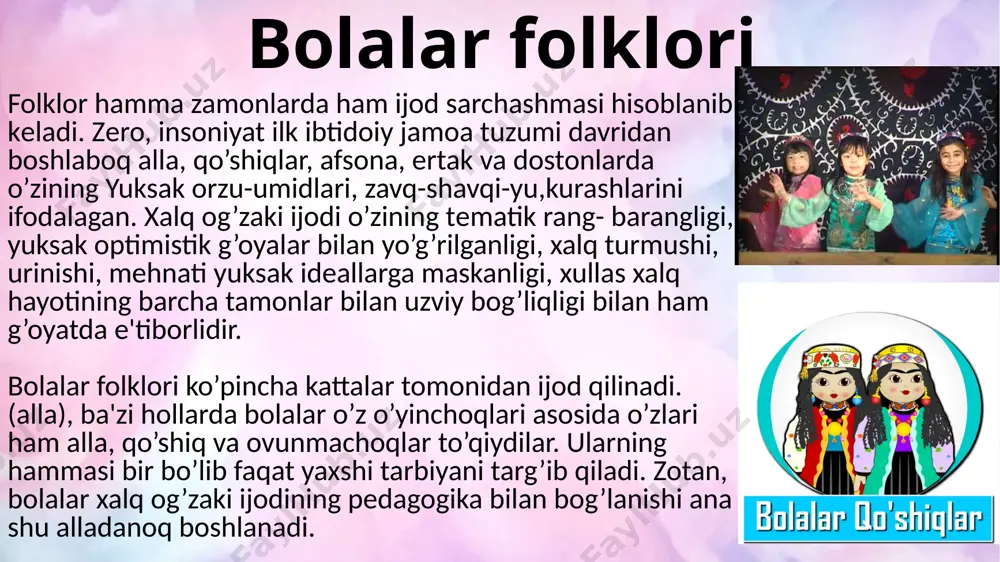 ma yomon ko‘rsayam, oyisining joni, alla-yo, alla. qizil gulning joni, dilimning mehmoni. darding olay o‘zim, onasining joni, alla-yo, alla. sen boshimning bahori, sen umrimning nahori. sen qalbimning ohori, onasining shunqori, alla-yo, alla. alla aytib uxlataman, alla, qo‘zim, alla. qanday seni yupataman, alla, bolam, alla. kichkinasan, lolasan, alla, bolam, alla. qachon katta boiasan? alla, bolam, alla. alla, alla, orastasan, alla, qo‘zim, alla. gunohi yo‘q norastasan, alla, bolam, alla. bog‘ ichida chaman gullar, alla, qo‘zim, alla. sayraydi shaydo bulbullar, alla, qo‘zim, alla. sendan kelar gulisi, alla, bolam, alla. ota-onamning birisi, alla, qo‘zim, alla. o‘ymali to‘nlar bo‘yingga, alla, qo‘zim, alla. qo‘ydan-qo‘chqor to‘yingga, alla, bolam, alla. senga allalar aytaman, alla, qo‘zim, alla. soyalaringda yotaman, alla, bolam, alla. qarchig‘ay qushning bolasiday, daraxt boshi uyasiday. daraxt boshin yel olsa, shaydullodir onasi-ey. alla, bolam, alla. men seni alla qilay, alla, ko‘tarib katta qilay, alla. alla ? jonning rohati, alla, uyqu ? ko‘zning quvvati, alla. o‘rik yog‘och ? …