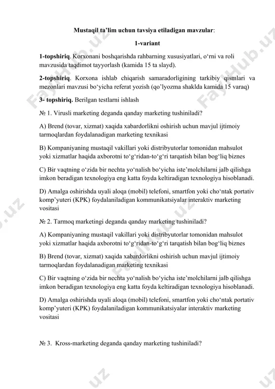 ommunikatsiyalar interaktiv marketing vositasi № 3. kross-marketing deganda qanday marketing tushiniladi? a) bir vaqtning o‘zida bir nechta yo‘nalish bo‘yicha iste’molchilarni jalb qilishga imkon beradigan texnologiya eng katta foyda keltiradigan texnologiya hisoblanadi. b) kompaniyaning mustaqil vakillari yoki distribyutorlar tomonidan mahsulot yoki xizmatlar haqida axborotni to‘g‘ridan-to‘g‘ri tarqatish bilan bog‘liq biznes c) brend (tovar, xizmat) xaqida xabardorlikni oshirish uchun mavjul ijtimoiy tarmoqlardan foydalanadigan marketing texnikasi d) amalga oshirishda uyali aloqa (mobil) telefoni, smartfon yoki cho‘ntak portativ komp’yuteri (kpk) foydalaniladigan kommunikatsiyalar interaktiv marketing vositasi № 4. korxonalarni innovatsion rivojlantirish chora-tadbirlarini amalga oshirish innovatsion mahsulot hajmi ulushini innovatsion faol korxonalar mahsulotlari umumiy hajmining necha foizga yetkazish imkonini beradi? a) 20 b) 10 c) 30 d) 40 № 5. ilmiy boshqaruv rivojlanishiga hisob-kitob va rejalashtirishning chizma usulini ishlab chiqqan olim? a) genri gant b) anri fayol c) frenk gilbert d) g.emerson № 6. rеstrukturizatsiya – bu…..? a) kоrхоnani mulkchilik shaklini va uni bo’linmalari хujalik yuritishni o’zgartirish …