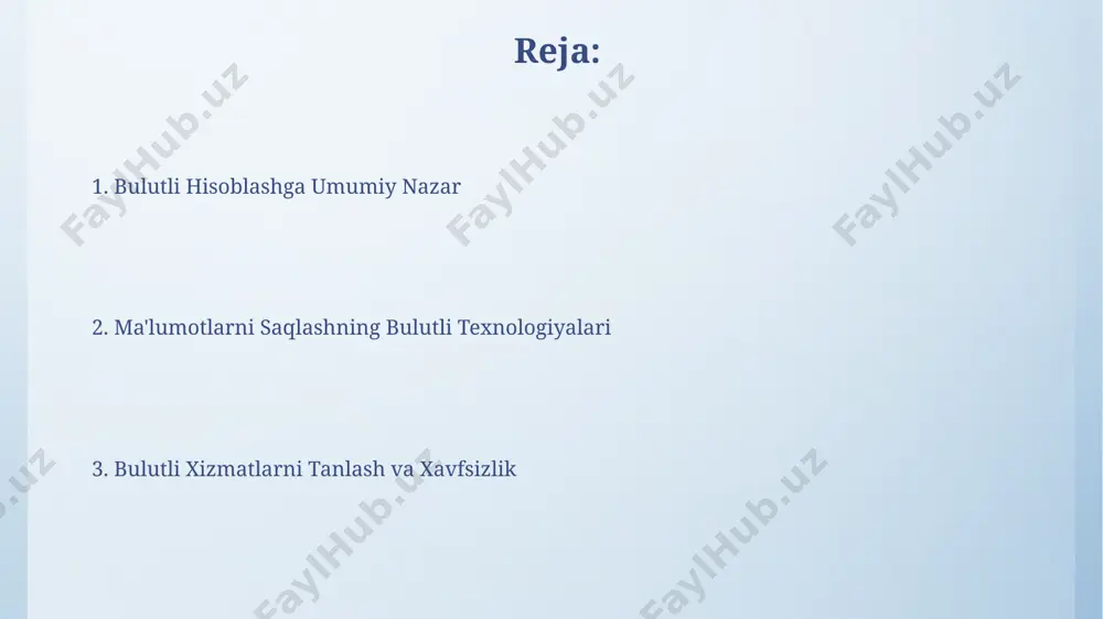 mavjudligini ta'minlaydi, bu esa rivojlantirish vaqtini qisqartiradi. katta ma'lumotlar va bulutli saqlash 1000 dan ortiq foydalanuvchi uchun katta hajmdagi ma'lumotlar bazasini bulutga ko'chirish, ma'lumotlarga kirish tezligini 30% ga oshirishi va ma'lumotlarni boshqarish xarajatlarini 20% ga kamaytirishi mumkin. katta hajmdagi ma'lumotlarni bulutga saqlash, masalan, 100 tb dan ortiq ma'lumotlarni, an'anaviy serverlarga nisbatan ancha arzon va samarali bo'lishi mumkin, chunki bulutli infratuzilma o'zgaruvchan ehtiyojlarga moslashadi. ma'lumotlarni saqlash turlari bulutli saqlashda ma'lumotlar ob'ektlar (objects), bloklar (blocks) yoki fayllar (files) ko'rinishida saqlanadi, bu esa turli xil ma'lumot turlariga moslashuvchanlikni ta'minlaydi va 99,99% gacha ishonchlilikni kafolatlaydi. ma'lumotlarni arxivoqlash uchun 3-5 yilgacha saqlash muddatiga ega bo'lgan arzon, ammo kirish tezligi past bo'lgan, tape-based yoki glacier kabi xizmatlardan foydalanish mumkin. muhokama va savollar bulutli hisoblash infratuzilmasi 1000 dan ortiq serverlardan iborat boʻlishi mumkin va ma'lumotlarni 99,99% ishonchlilik darajasida saqlashni ta'minlaydi. ma'lumotlarni shifrlash va ruxsatlarni boshqarish orqali axborot xavfsizligi darajasi 5 darajaga koʻtariladi. xavfsizlik va maxfiylik bulutli hisoblash …