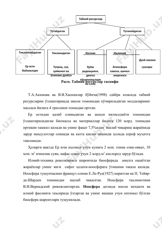 а турларнинг экологик ўрнини босиш имкониятлари қанчалик кенг бўлса у шунчалик турғун, барқарор бўлади. инсоният томонидан амалга оширилаётган тадбирлар ҳеч қачон биосферанинг ўз-ўзини тиклаш қобилияти ўрнини босолмайди. фақатгина табиий ҳолида сақланиб қолган биота биосферанинг барқарор мувозанатини тиклаб туриши мумкин. инсониятнинг бош вазифаси атроф-муҳит ифлосланишларининг олдини олишгина эмас, балки табиий биотани сақлаб қолиш бўлиши керак. бунинг учун табиий биота ва очиқ океан биотасини ўзлаштиришни тўхтатиш, шунингдек, ўзлаштирилган қуруқликдаги табиий биотани тиклаш лозимдир. табиий муҳит ҳолатининг инсон таъсирида ўзгариши, жонли ва жонсиз компонентларга кучли антропоген таъсир экологик муаммоларни келтириб чиқаради. инсон хўжалик фаолиятининг табиат қонунларига мос келмаслиги, биосферанинг инсонга акс таъсири экологик муаммолар келиб чиқишининг асосий сабабчиси ҳисобланади. маҳаллий, миллий, регионал ва глобал миқёсдаги экоогик муаммоларни ажратиш мумкин. табиий ресурслардан нотўғри фойдаланиш, атроф муҳитнинг ифлосланиши, экосистемаларга меъёридан ортиқча босим оқибатида экологик муаммоларнинг кескинлашуви, маҳаллий, миллий, регионал ва глобал экологик халокатга олиб келиши муқаррардир. фойдаланилган адабиётлар 1. «соглом авлод-бизнинг келажагимиз» тошкент, ибн сино …