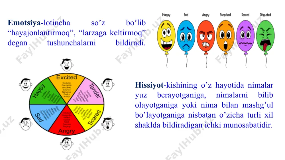 tida nimalar yuz beryotganini nimalar bilib olyotganiga yoki nima bilan mashxur bòlyotganiga òzicha turli xil shakilda bildiradigan kichik munosabat hissiyotdir m.voxidovning bolalar psixologiyasi o’quv qòllanmasida xissiyot deb tashqi olamdagi narsa va xodisalarga bòlgan ichki kechinmalarimizning ongimizda aks ettirilishiga aytiladi. q.turģunov muallifidagi lug’atda xissiyot shaxsning voqeyalikdagi narsa va xodisalarga kishilarga hamda òz-òziga bòlgan munosabatlaridan kelib chiqadigan yoqimli yoki yoqimsiz kechinmalardan iborat deyiladi. hissiyot-odamning yuksak ehtiyojlarini qondirishi yoki qondirmaslik qobiliyatining mavjudligi va psixik obraz yarata olish natijasida uning tevarak atrofdagi olamga bo’lgan munosabatlarining ongda aks ettirilishidan iborat jarayon. bosh miya hissiyotlarning kuchini barqarorligini idora qiladi. i.p.pavlovning fikricha odamning butun a’zoi badanida bo’ladigan har qanday hodisalarning hammasini bosh miya po’sti qismiodagi neyronlar idora qiladi. ana shu jihatdan olganda hissiyotning nerv –fiziologik asosi bosh miya po’sti bilan bog’liq. hissiy kechinmalar esa insonning shaxsiy tajribasida tarkib topadigan reflekslar tizimini mustahkamlash sifatida namoyon bo'ladi. hissiyotning mana shu darak beruvchilik vazifasi psixologiyada hissiyotning impressiv tomoni deb ataladi. …