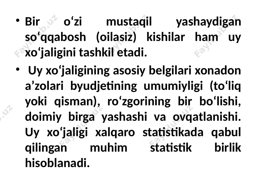 xarajatlari ko‘rsatkichidan kambag‘allik mezoni (yoki chegarasi) sifatida foydalaniladi. 2022 yildan boshlab, "ijtimoiy himoya yagona reyestri" axborot tizimi orqali oilani kam ta’minlangan deb e’tirof etish jarayonida qo‘llaniladigan va jon boshiga to‘g‘ri keladigan bir oylik daromad mezoni minimal iste’mol xarajatlariga tenglashtiriladi. 20 kambag‘allik — aholi iqtisodiy imkoniyatlarining hayot kechirish uchun zarur minimal ehtiyojlarini qondirishiga yetarli darajada bo‘lmasligi; kambag‘allik chegarasi — aholining real xarajatlari tarkibidan kelib chiqib hisoblanadigan bir kishi uchun minimal iste’mol xarajatlari qiymati; minimal iste’mol xarajatlari (— uy xo‘jaliklarining real iste’mol qiymatlari va tarkibini o‘rganish asosida ularning sog‘lom hayot kechirishlari uchun zarur bo‘lgan oziq-ovqat va nooziq-ovqat mahsulotlar hamda xizmatlar uchun minimal xarajatlarning hisoblangan qiymati; minimal kilokaloriya — inson organizmining hayot faoliyatini ta’minlash uchun zarur bo‘lgan minimal energiyaviy qiymat; protsentil — so‘rovda ishtirok etgan uy xo‘jaliklarini jon boshiga nisbatan jami xarajatlarga ko‘ra 1 foizlik guruhlarga ajratish; 21 minimal xarajatlarni hisoblash quyidagi bosqichlarda amalga oshiriladi: birinchi bosqichda, davlat statistika qo‘mitasi tomonidan joylarga chiqqan …