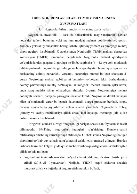 yta koʻrib chiqiladi (2018-yil 1-fevralgacha). bu yoʻnalishda xalqaro standartlarga oʻtish amalga oshirilishi kerak; · oliy ta’lim muassasalarida nogironligi boʻlgan shaxslar imtiyozli shartlarda oʻqishga kirishi uchun kvotalar joriy qilinadi (2018-yil 1-martgacha). loyiha nogironligi boʻlgan shaxslarni qoʻllab-quvvatlash tizimini takomillashtirish va ularning huquq va erkinliklari kafolatlarini kuchaytirish boʻyicha kompleks chora-tadbirlar dasturini oʻz ichiga oladi. u 4 ta asosiy yoʻnalish boʻyicha 66 ta chora-tadbirni amalga oshirishni koʻzda tutadi: i – nogironligi boʻlgan shaxslarning hayot sifati va darajasini oshirish; ii – nogironlikni profilaktika qilish, nogironligi boʻlgan shaxslarga tibbiy-ijtimoiy yordam va ijtimoiy reabilitatsiyaning samaradorligini oshirish; iii - nogironligi boʻlgan bolalarni tarbiyalash, ularni talab boʻlgan kasblarga oʻqitish tartibini takomillashtirish, nogironligi boʻlgan shaxslarni maxsus kasbiy tayyorlash va yangi kasblarga qayta tayyorlash, shuningdek ularni ishga joylashtirishga yordam berish; iv – tibbiy-ijtimoiy muassasalarni moddiy-texnik jihozlashni yaxshilash, nogironligi boʻlgan shaxslar foydalanishi imkoniyati boʻlgan va qulay muhitni ta’minlash. oʻzr qonunchiligida n.ning quyidagi sabablari nazarda tutiladi: umumiy kasalliklar (ish bilan bogʻliq boʻlmagan) oqibatidagi …