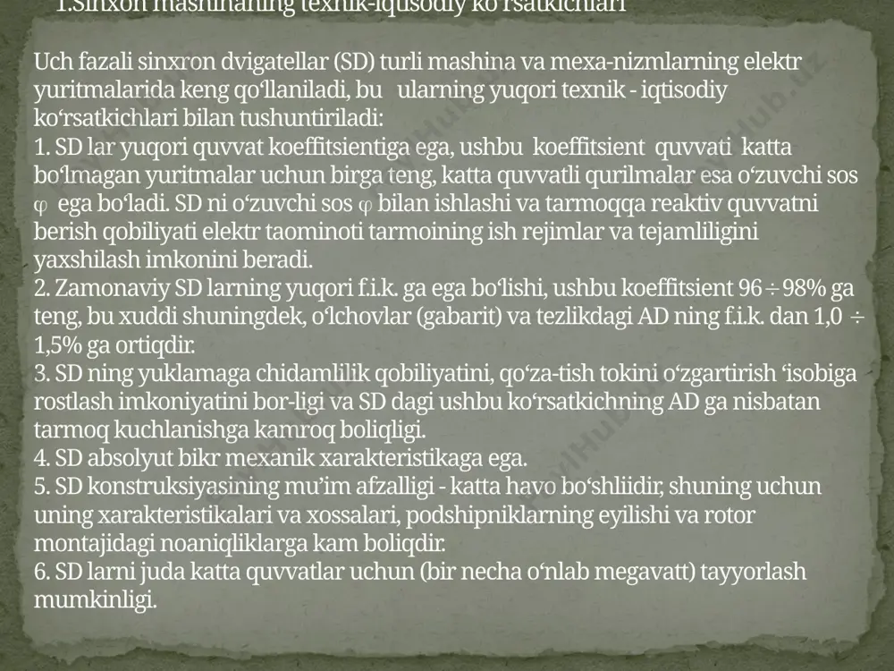 formatorli usuli, sd ishga tushirilayotganda tarmoqdan istemol qili-nayotgan tokni ko‘proq darajada kamaytirish imkonni beradi foydalanilgan adabiyotlar 1. o.hoshimov, s.saidaxmedov ,,elektr yuritma asoslari’’ toshkent-2010 2. j.s.salimov, n.b.pirmatov ,,elektr mashinalari” toshkent-2005 3. v. i. polishchuk, glazyrin a. s., glazyrina t. a. uch fazali elektr mashinalarining rotorli o’ramlarining holatini funktsional to'lqin diagnostikasi // elektr. - 2012. image3.wmf image4.png /docprops/thumbnail.jpeg
