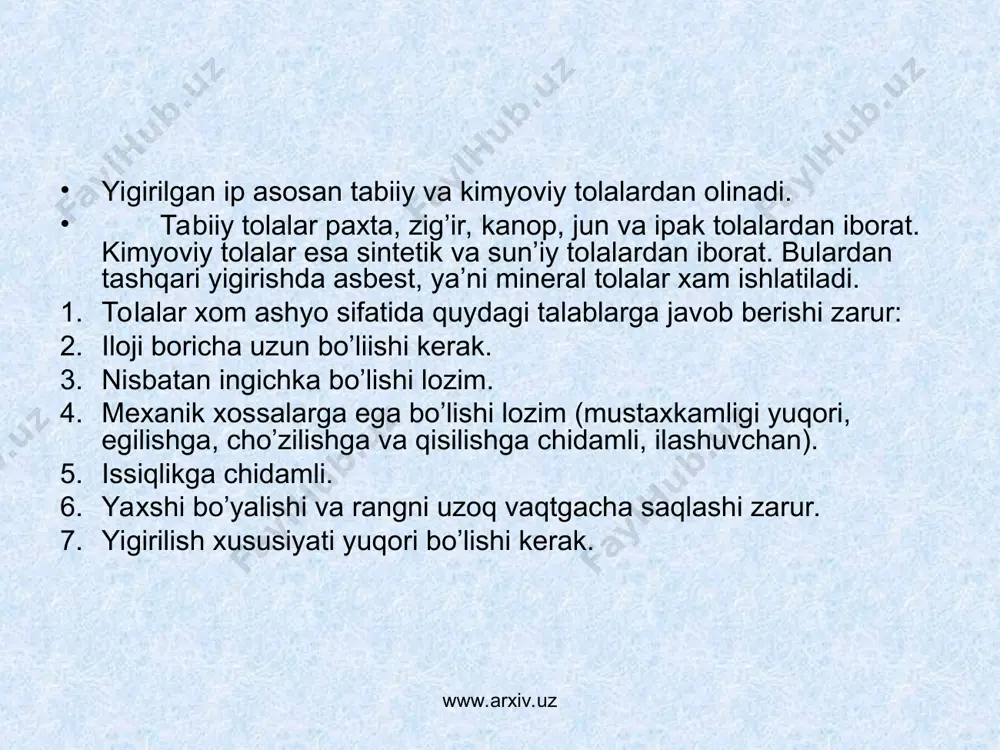 tolalar uzunligi “spinlab” tizimida tolalar soni bo’yicha (n) va massasi bo’yicha uzunligi (v) kattaliklari bilan baholanadi. buning uchun komulyativ taqsimlash grafigidan foydalaniladi. www.arxiv.uz www.arxiv.uz paxta tolasining nuqsonlari. iflosliklar- maydalangan barg, shox, xar xil xas cho’plar. tolali o’lik- pishib yetilmagan chigitli paxta. maydalangan chigit. kasallangan va shikastlangan tolalar tolali chigit po’stlari. tugunaklar. o’ramlar. murakkab o’ramlar (jgutiki). www.arxiv.uz www.arxiv.uz paxta tolasining klassifikatsiyasi. 1993 yil sentyabrь oyidan boshlab paxta tolasi yangi standart bo’yicha baholanmoqda. paxta tolasi shtapelь uzunligi, chiziqiy zichligi, nisbiy pishiqligi kabi xususiyalariga asosan 9 tipga bo’linadi: ingichka tolali- 1a; 1b; 1; 2; 3; o’rta tolali- 4; 5; 6; 7. paxta tolasi yetilganlik koefitsenti, rangi va tashqi ko’rinishi bo’yicha 5ta sanoat navlariga ajratiladi. o’z navbatida sanoat navlari nuqsonlari bo’yicha me’yorlangan guruxlarga(sinflarga) ajratiladi: 1-2 navlar- oliy, yaxshi, o’rta, oddiy va iflos; 3-4 navlar- yaxshi, o’rta, oddiy va iflos; 5 nav- o’rta, oddiy va iflos; xorijiy mamlakatlarda va paxta birjalarida paxta tolasining navlari asosan …