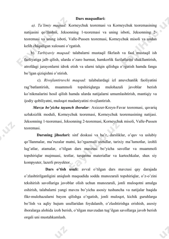 icha asosiy tushuncha va natijalar haqida fikr-mulohazalarni bayon qilishga o’rgatish, jonli muloqot, kichik guruhlarga bo’lish va aqliy hujum usullaridan foydalanib, o’zlashtirishga erishish, asosiy iboralarga alohida izoh berish, o’tilgan mavzudan tug’ilgan savollarga javob berish orqali uni mustahkamlash. mashg’ulotning xronologik xaritasi va darsning borishi tashkiliy qism (5 minut): dars xonasining sanitariya holatini kuzatish, davomat va talabalarning darsga tayyorligini tekshirish. o’tilgan mavzuni mustahkamlash (10 minut): axiezer-kreyn-favar teoremasini qo’llash, yordamchi lemma va uning isboti, korneychuk teoremasi va uning isboti, korneychuk teoremasining natijasini va uning isbotini o’rganish yuzasidan olgan bilimlarini o’z-o’zini tekshirish savollariga javoblar orqali aniqlash. yetishmagan bilimlarni to’ldirish. yangi mavzu bayoni (50 minut) 15.1. jeksonning 1-teoremasi va uning isboti. teorema 15.1 (jeksonning 1-teoremasi). istalgan funksiya uchun tengsizlik bajariladi. isbot. uzluksizlik modulining -xossasidan (11-ma’ruzaga qarang) foydalanib, shunaqa qavariq uzluksizlik moduli ni tuzamizki, munosabat bajarilsin. u holda va korneychik teoremasiga ko’ra: □ 15.2. jeksonning 2-teoremasi va uning isboti. teorma 15.2 (jeksonning 2-teoremasi). har bir funktsiya uchun …