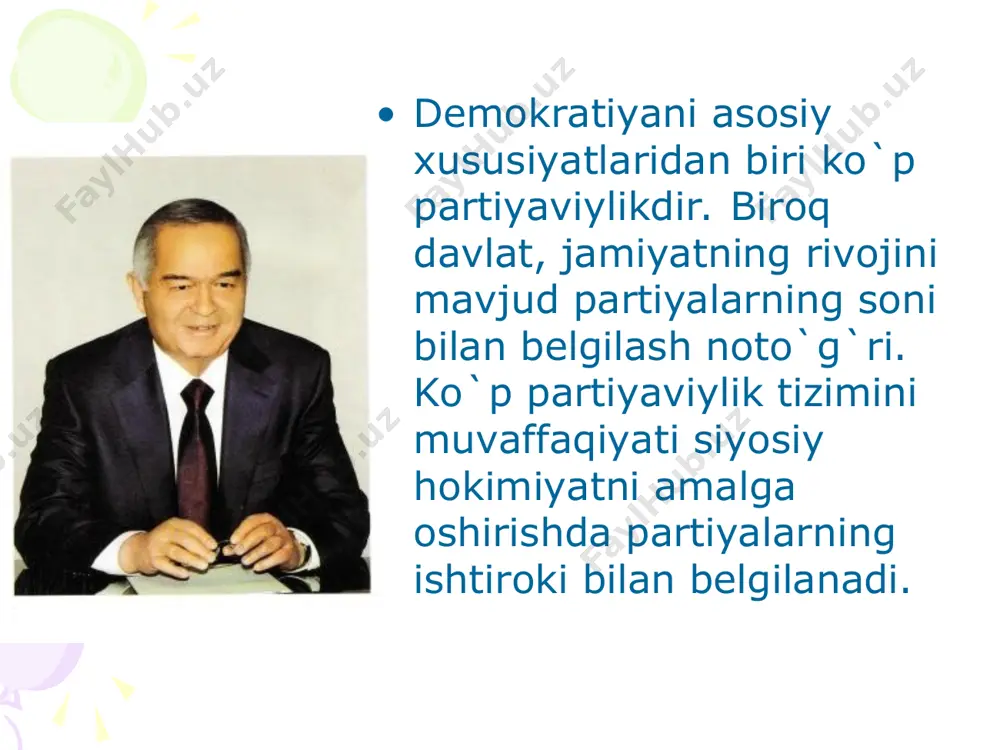inchi belgi - partiyaning tashkilot ekanligi, ya'ni yetarlicha uzoq vaqt mobaynida mavjud bo'ladigan insonlarning uyushmasi. bu belgi partiyani tashkilotchilarining ketishi bilan yo'qolib ketadigan fraksiyadan farqlaydi. ikkinchi belgi - milliy raxbariyat bilan muntazam aloqalarni ta'minlab turuvchi muayyan mahalliy tashkilotlarning mavjudligi. uchinchi belgi - partiyaning hokimiyatni qo'lga kiritish va olib borishga intilishidir. bu belgi partiyani boshka guruhlardan farqlaydi. hokimiyatga qanday erishish yo'lini tanlashi partiyaning xatti-harakatlarini belgilab beradi. to'rtinchi belgi - xalq tomonidan qo'llab-quvvatlanishi (ovoz berishdan boshlab partiyada faol ishtirok etishgacha). bu belgi asosida partiyalar saylovlar va parlament faoliyatida ishtirok etmayotgan siyosiy klublardan farqlanadi. beshinchi belgi - ideologik mezon: har bir partiya ma'lum bir mafkura va g'oyani yurgizuvchi kuch bo'ladi. partiyalar kelib chiqishiga ko'ra asosan ikkita turga bo'linadi: elektoral va parlamentar. partiyalarni fransuz politologi m. dyuverje uchta turga bo'ladi. kadrli partiyalar saylov xuquqi hali cheklangan davrda vujudga kelishgan. ular њsha davrdagi siyosiy makonda xukmdor guruhlarning manfaatlarini ifoda etishgan. shuning uchun ham bu partiyalar …