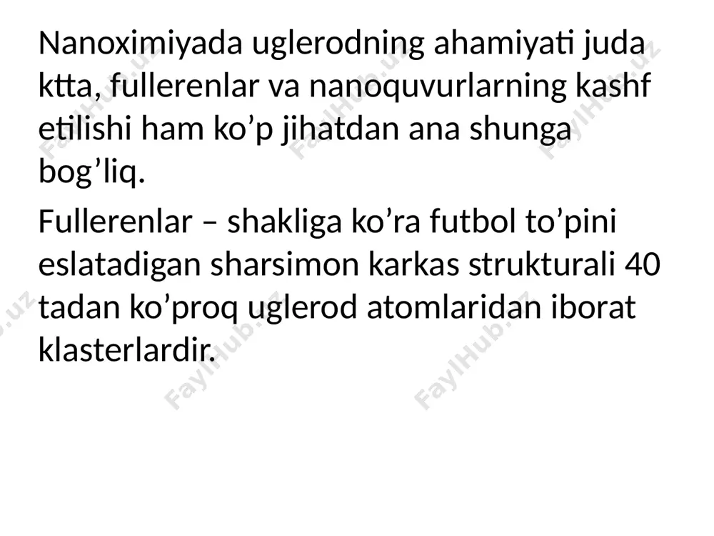 di. fullerenlar o‘z nomlanishini arxitektor bakminster fuller sha’niga olishgan, u bunday strukturalarni arxitekturada foydalanish uchun yaratgan (shuning uchun ularning yana bakibolalar deb ham atashadi). fulleren futbol to‘piga juda o‘xshovchi, 5-6 burchak shaklli “yamoqlar”dan tuzilgan karkas tuzilishiga ega. bu ko‘pyoqlar uchida uglerod atomlari joylashgan deb tasavvur qilsak, unda biz eng barqaror bo'lgan c60„ fuilerenini olamiz. eng taniqli hamda fullerenlar oilasining eng simmetrik bo‘lgan vakili c60 molekulasida oltiburchaklilarning soni 20 ga teng. bunda har bir beshburchak faqat oltiburchakli bilan chegaralashgan, har bir oltiburchak oltiburchaklilar bilan 3 ta umumiy tomonga va 3 ta besh- burchaklar bilan umumiy tomonga ega c60 fulleren molekulasi tuzilishining qizig‘i shundaki, bunday uglerod “to‘pi”ning ichida bo‘shliq hosil bo‘ladi, unga kapillar xususiyatlari hisobiga boshqa materiallarning atom va molekulalarini kiritish mumkin, bu esa ularga, masalan, ularning xavfsiz ko‘chirish imkonini beradi. fullerenlarni o'rganish davomida uning tarkibida uglerod atomlari soni turlicha - 36 tadan 540 tagacha bo'lgan molekulalari sintez qilindi va o‘rganildi. c540 …