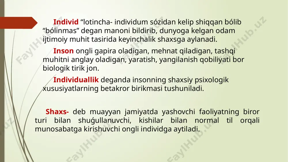 ga bólinadi: regressiya- individni stressni bartaraf qilishga urinishda bir muncha soddaroq usullaridan foydalanishi. tang vaziyatlarda bolalikka qaytishi yoki ózini yosh boladek tutishidir. rad qilish- individning atrofdagilar tufayli unga tahdid solayotgan kechinmalardan, ularning mavjudligidan ózini chetga tortish yóli bilan himoyalanishda namoyon bóladi. samotizatsiya- qiyin vaziyatdan chiqib ketish uchun ózini bemor sifatida kórsatishi, yoki soǵligi yomonligi bilan fiksatsiya qilishi tushuniladi. proektsiya- individ ózining nojoiz istaklarini va qilmishlarini boshqa odamga tegishli deb hisoblaydigan xavfli himoya mexanizmi hisoblanadi. izolyatsiya- uyat, aybdorlik, shodlik, qayǵu bilan boǵliq tasavvurlar tufayli ózini yakkalab qáyish. repressiya- (siqib chiqarish) noxush fikrlarni ong darajasiga etib borishiga tósqinliq qiladigan himoya mexanizmi. intellektualizatsiya- tazyiq soluvchi emotsional tang vaziyatdan aqilga suyangan holda chiqib ketish. sublimatsiya- faollikka yónaltirilgan holat aralashtirib yuborish- shaxs xavotiriga sabab bo‘lgan ob’ektga nisbatan yuzaga kelgan hislar boshqa ob’ektga yunaltirilishini ifodalovchi himoya mexanizmi.. sotsiogenetik kontseptsiya bu kontseptsiya shaxsning taraqqiyotini uning atrofidagi ijtimoiy muhitga boǵlab tushuntiradilar. ularning aytishicha, “odam ijtimoiy muhit nusxasidir”. sotsiogenetik …